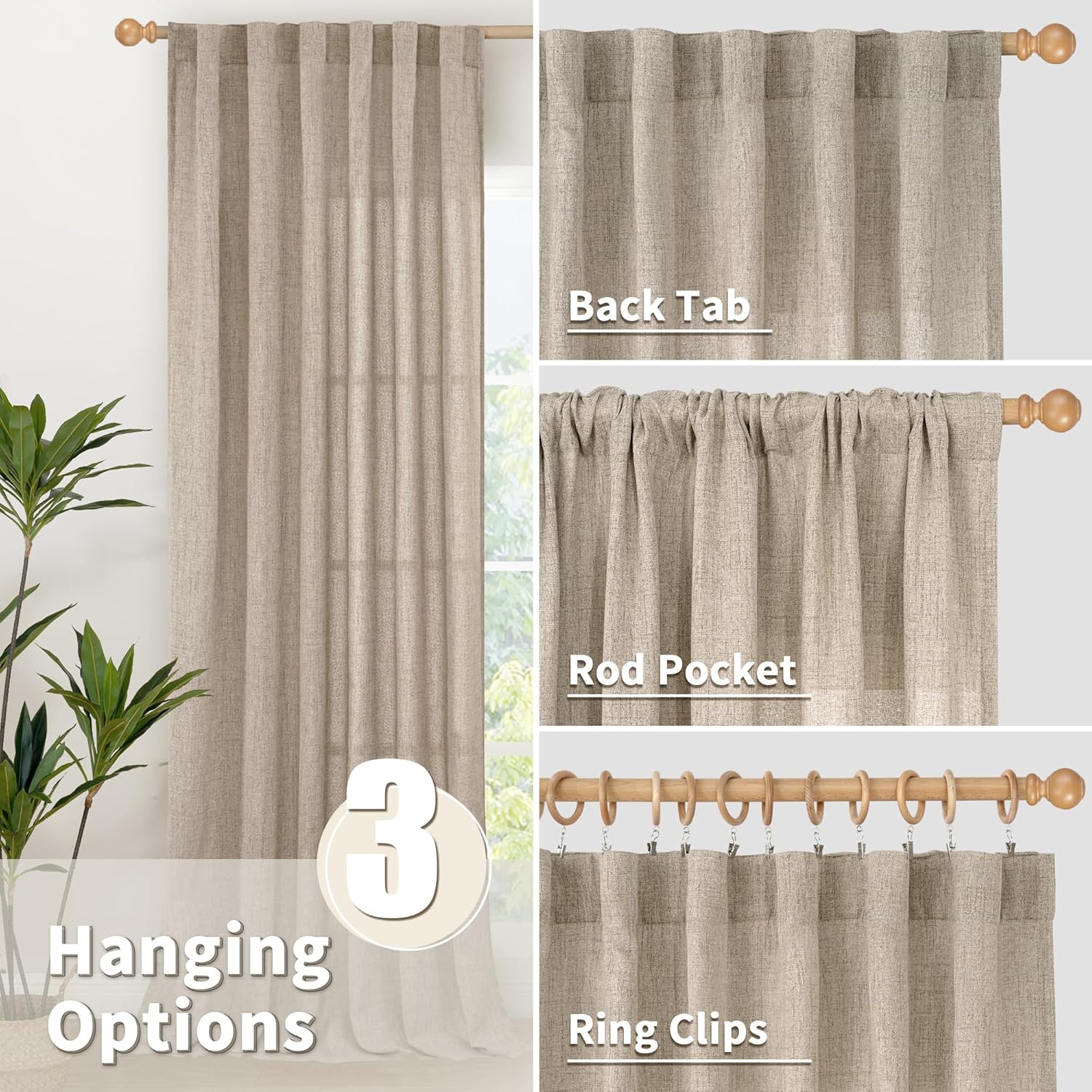 YoungsTex Dark Oatmeal Linen Curtains 40 Inch Length for Kitchen Window, Short Semi Sheer Drapes Burlap Textured Light Filtering with Rod Pocket Back Tab for Cafe Bathroom, 2 Panels, 42 X 40 Inch