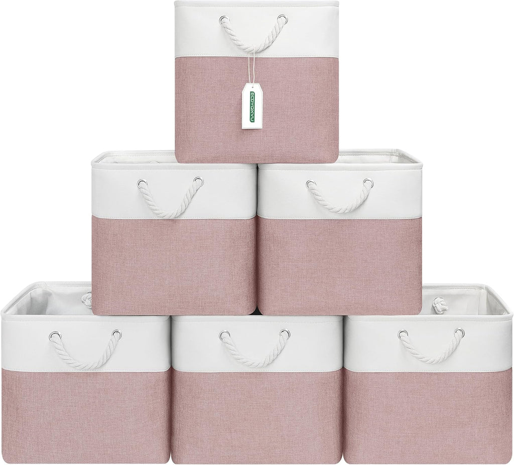 13x13 Inch Cube Storage Bins with Reinforced Bottom Cardboard, 6 Pack Large Collapsible Fabric Storage Cubes with Handles for Shelf, Closet, Toy, Laundry Organization (White&Pink)