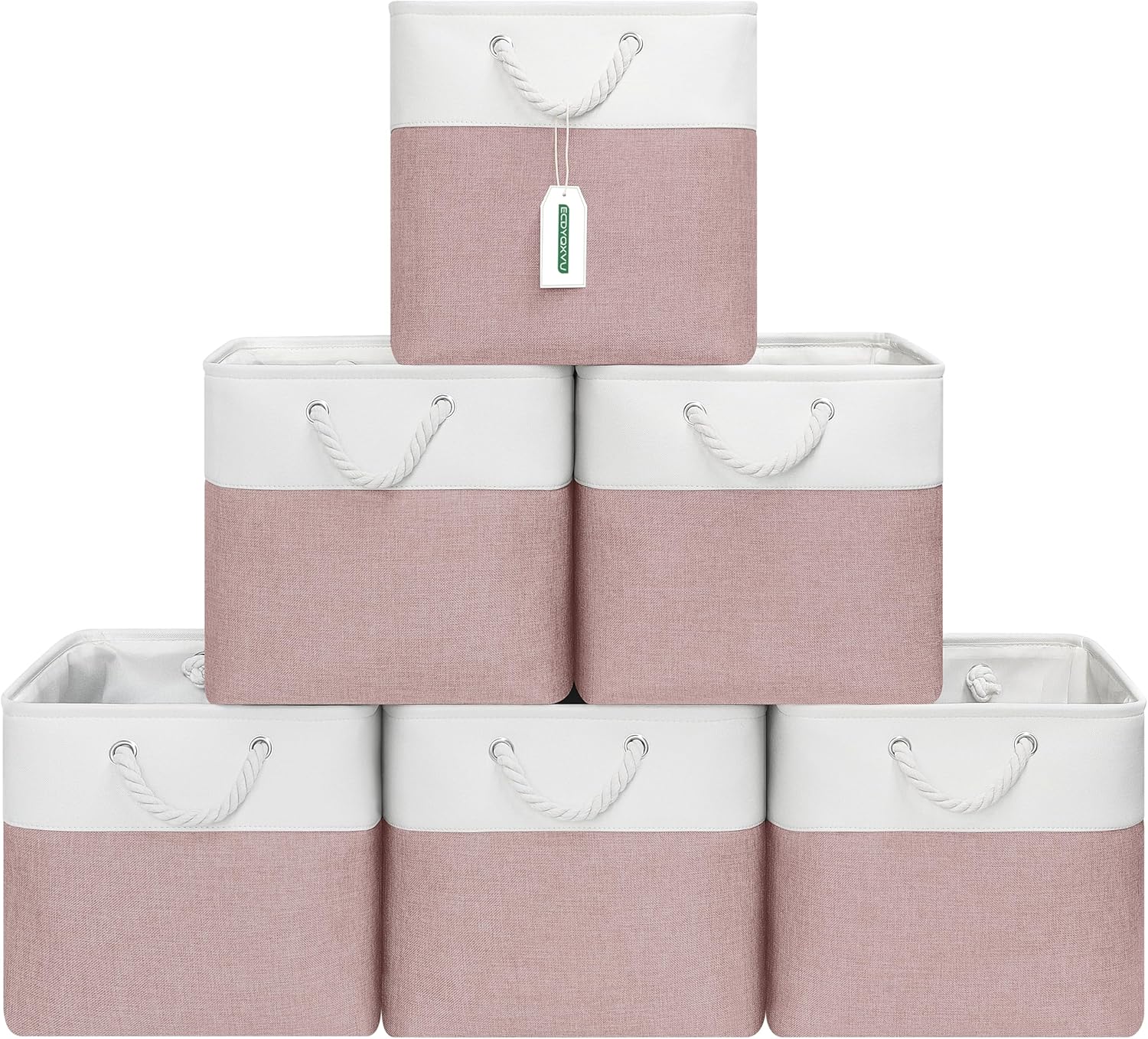 13x13 Inch Cube Storage Bins with Reinforced Bottom Cardboard, 6 Pack Large Collapsible Fabric Storage Cubes with Handles for Shelf, Closet, Toy, Laundry Organization (White&Pink)