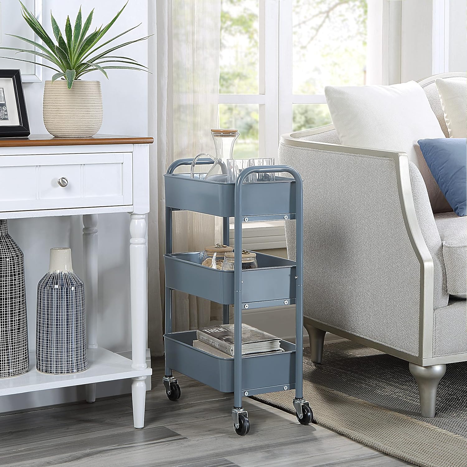 SunnyPoint 3-Tier Delicate Compact Rolling Metal Storage Organizer - Mobile Utility Cart Kitchen/Under Desk Cart with Caster Wheels - Blue (15.35" X 10.24" X 26.8"H)
