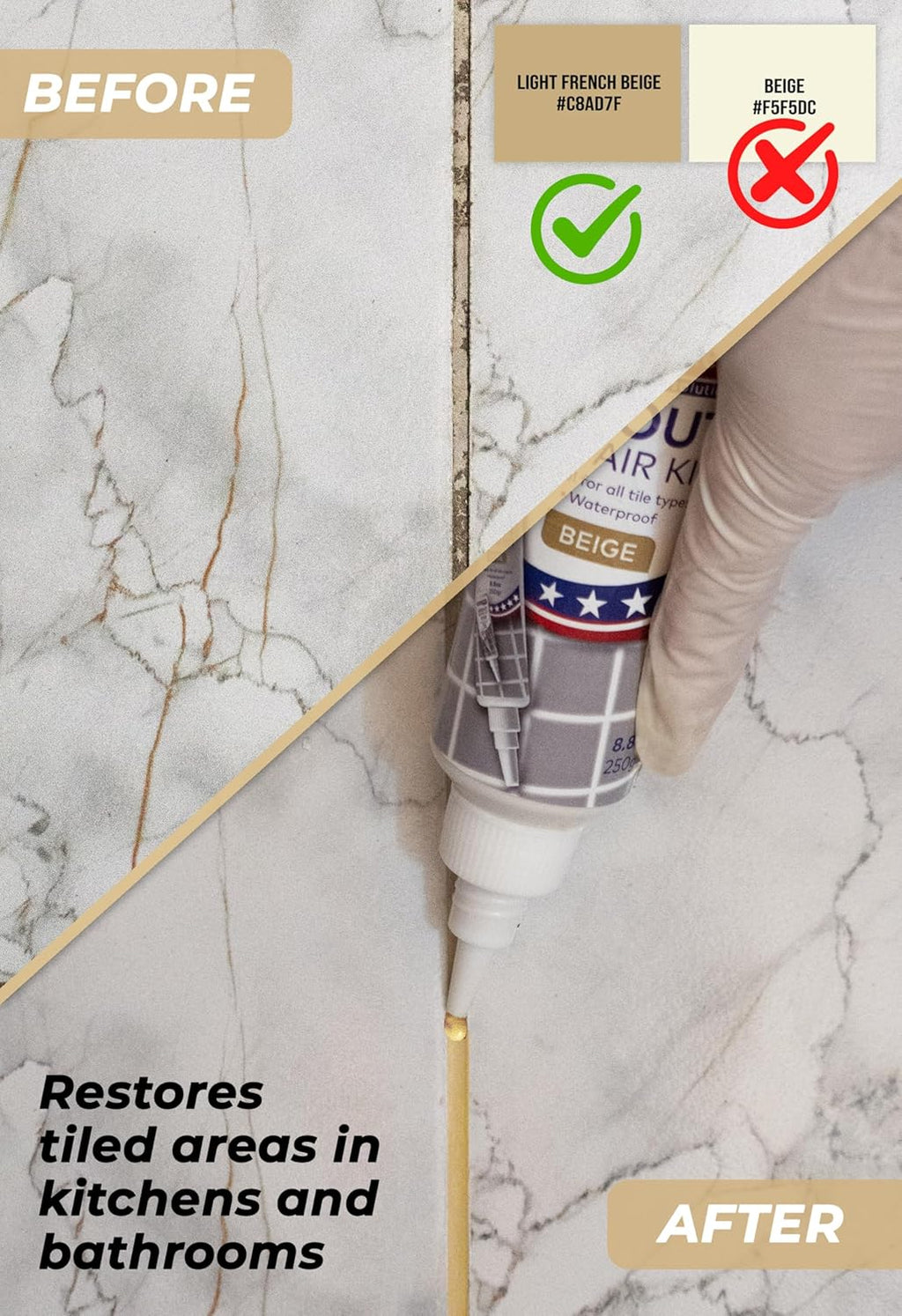 Tile Grout Repair Kit, Beige 8.8 oz/250gr. Fast Drying Grout Filler Tube Repair Kit, Grout Sealer Restore and Renewer for Bathroom Floor Tiles, Gaps, Joints, Lines