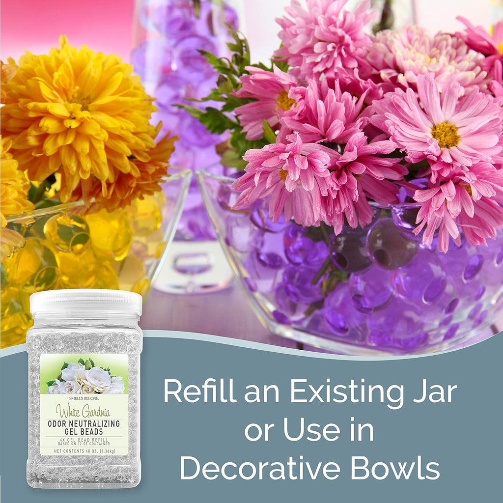 SMELLS BEGONE 48 oz Odor Eliminator Gel Bead Refill - Eliminates Odors from Bathrooms, Cars, Boats, RVs and Pet Areas - Air Freshener - Made with Essential Oils - White Gardenia Scent