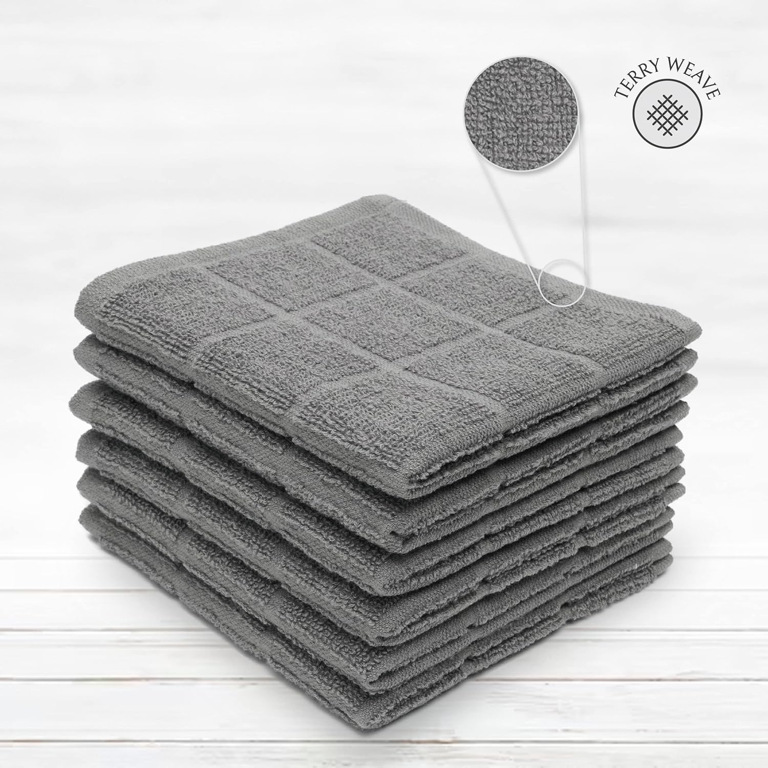 100% Cotton Terry Dish Cloth & Dish Towel, 6 Pack, Super Soft and Absorbent Kitchen Towels, Perfect for Kitchen Cleaning and Dish Washing (Grey 6 Pack)