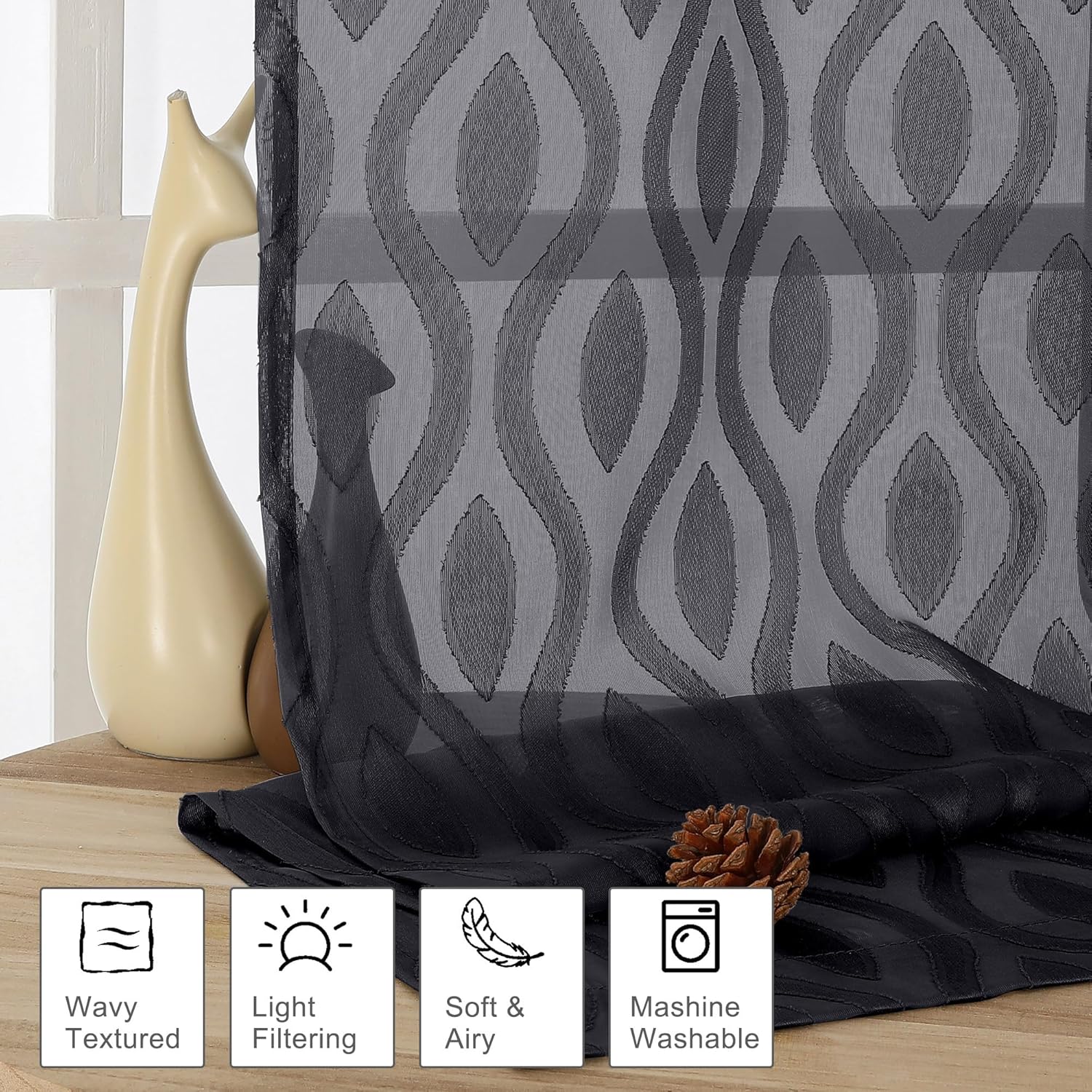 Aiyufeng Black Sheer Curtains Tiers 36 Inch Length 2 Panels Set, Airy Lightweight Clip Jacquard Small Window Curtains, Modern Wavy Line Textured Voile Sheer Curtains for Small Windows, 40"Wx36"L Inch