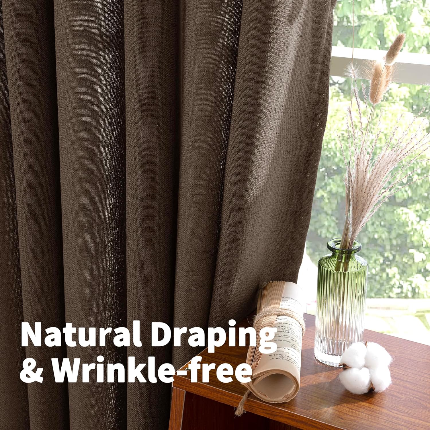 YoungsTex Brown Linen Curtains 45 Inches Long for Short Window, Back Tab Rod Pocket Chocolate Drapes Light Filtering for Kitchen Bathroom Cafe Decorative, 2 Panels, 42 X 45 Inch