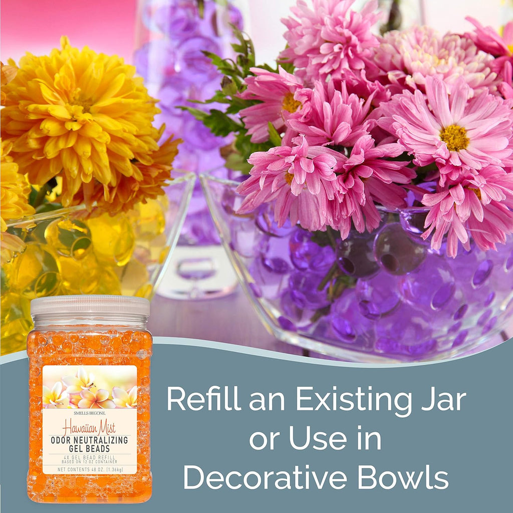 SMELLS BEGONE 48 oz Odor Eliminator Gel Bead Refill - Eliminates Odors from Bathrooms, Cars, Boats, RVs & Pet Areas - Air Freshener - Made with Essential Oils - Hawaiian Mist Scent