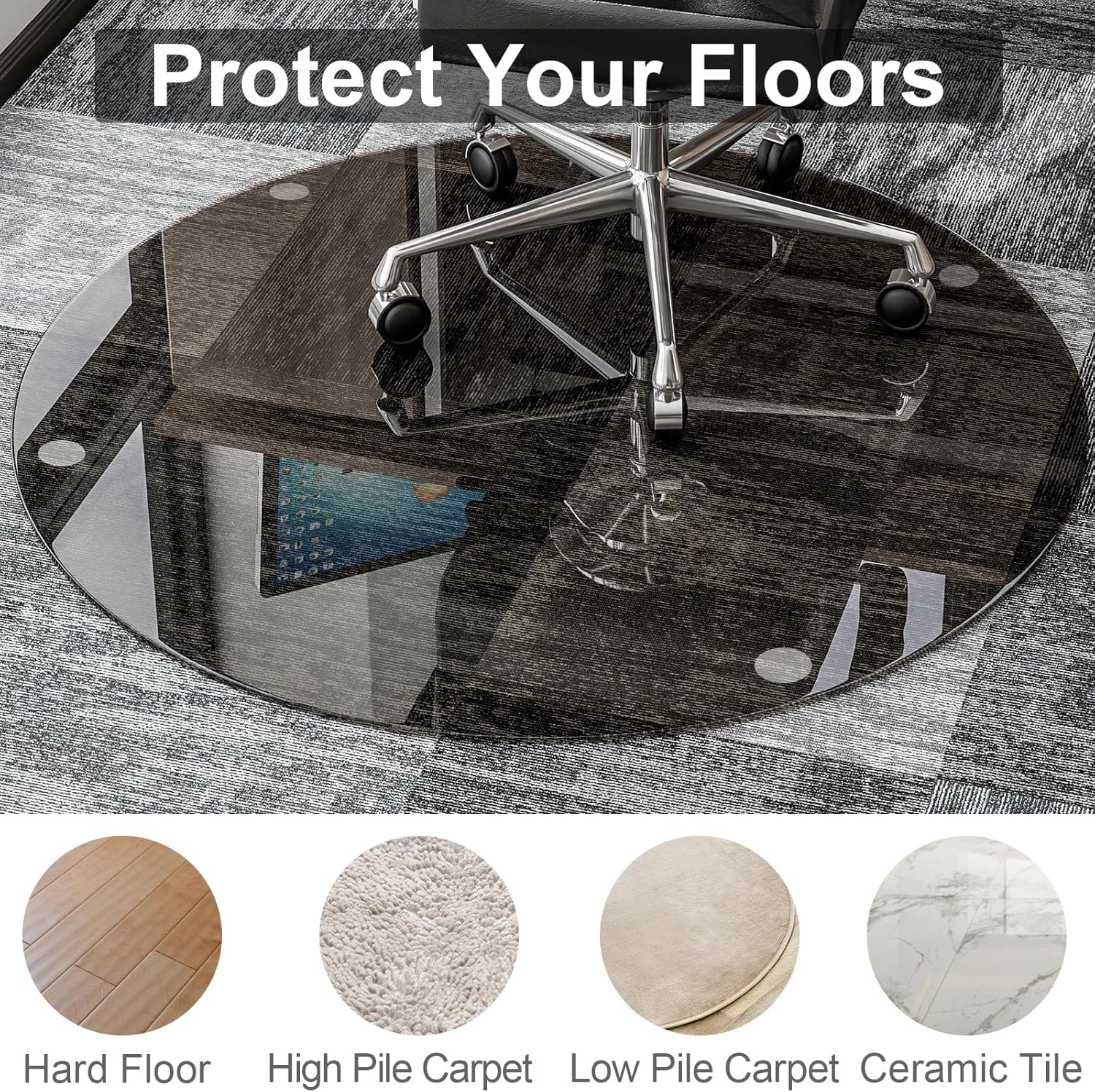 46" x 46" Round Tempered Glass Chair Mat for Carpet & Hardwood, Heavy-Duty Glass Floor Mat for Office Chair, Durable Glass Desk Mat for Home and Office, Gray
