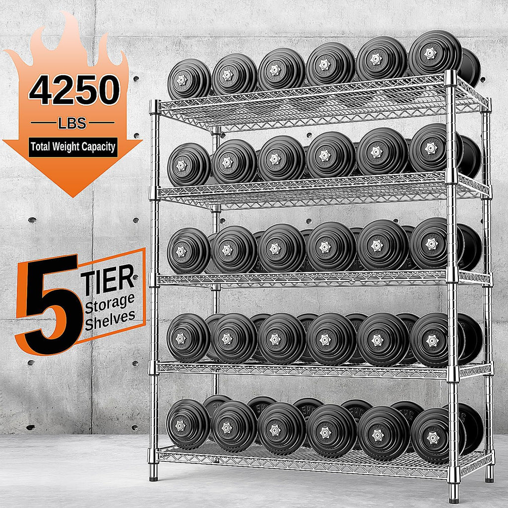 IZEUK 4250 LBS Garage Shelving Wide Storage Shelves 5 Tier Metal Shelves Heavy Duty Adjustable Utility Shelf Rack Chrome 17.7" D x 47.2" W x 70.4" H