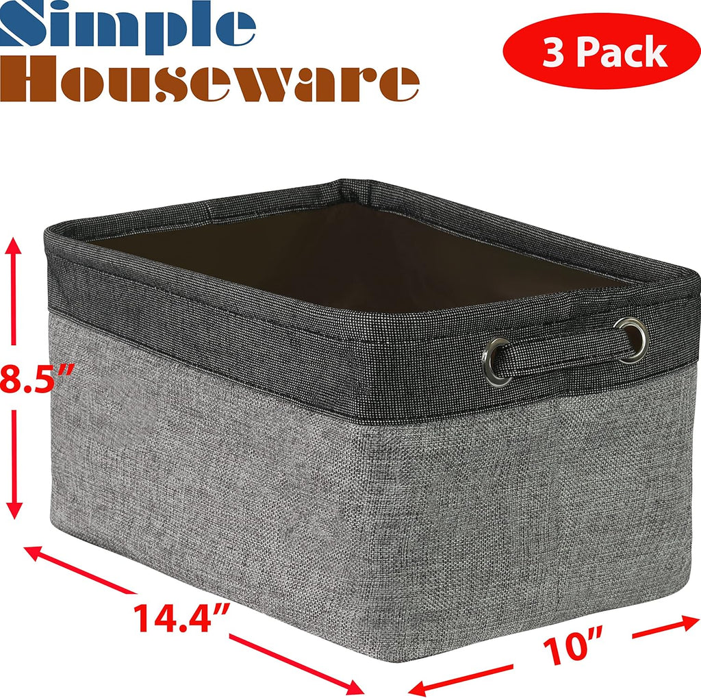 SIMPLE HOUSEWARE Large Fabric Storage Bin, 14.4" x 10" with Handles, 3-Pack, Foldable Organizer for Closet and Shelf, Dark Gray