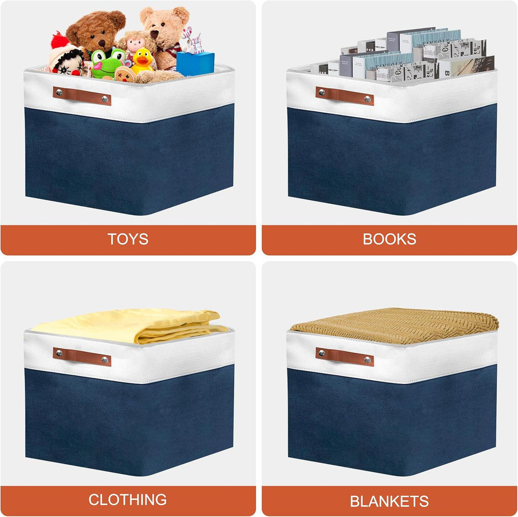 13in Open Fabric Storage Basket with Leather Handles for Organizing, Collapsible Linen Closet Bins for Shelves, Closets, Laundry, Decorative Basket for Gifts. (White＆Blue, 2PCS/13x13in)