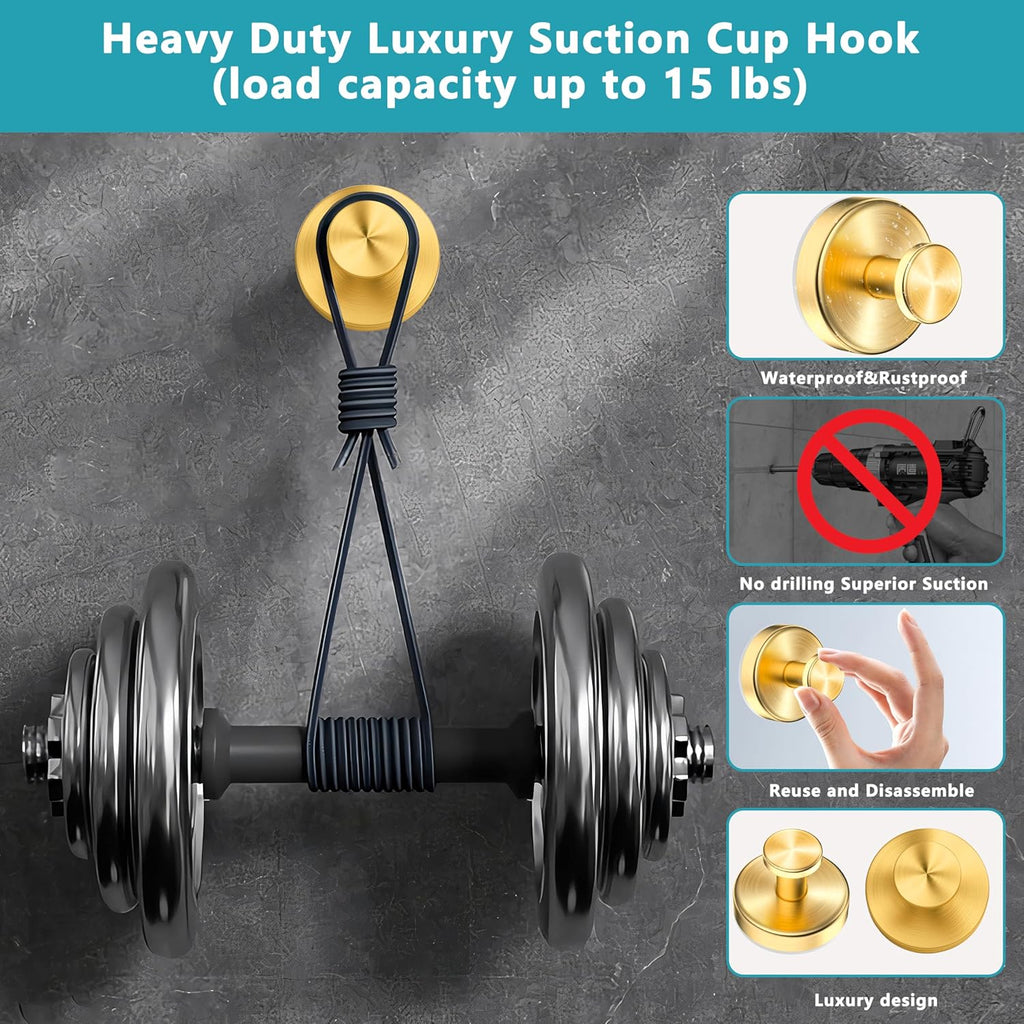 Suction Cup Hooks for Shower,Wreath Hanger for Front Door,Removable No Drill Waterproof Towel Loofah Hook,Upgraded 15 lbs Strong Suction Metal Hooks for Bathroom,Wall,Garland Glass Door-Gold 4 Pcs