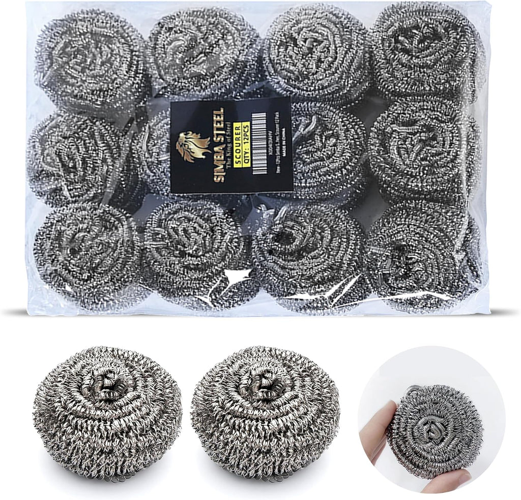 12Pcs Simba Stainless Steel Wool Scrubber Pads for Cleaning Pans, Pots, Dishes, Ovens, Grills, Sinks, Bathroom and Kitchen, Scourer 12 Pack
