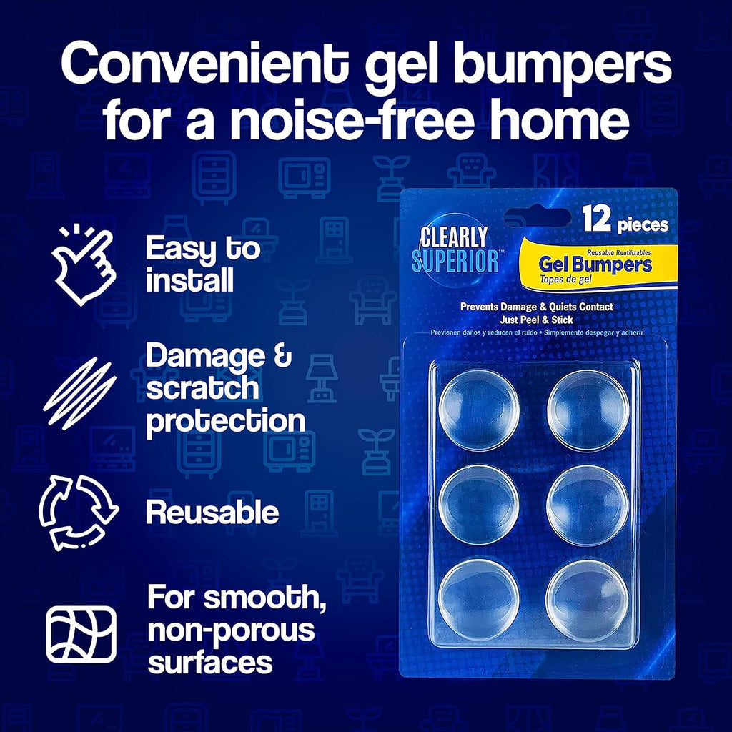 12-Pack Clearly Superior Gel Bumpers. Small Rectangle 1.5" x .5" Protects Surfaces & Quiets Contact. Use on Furniture, Doors, Cabinets, Walls & Appliances. Self Adhesive, Just Press to Apply