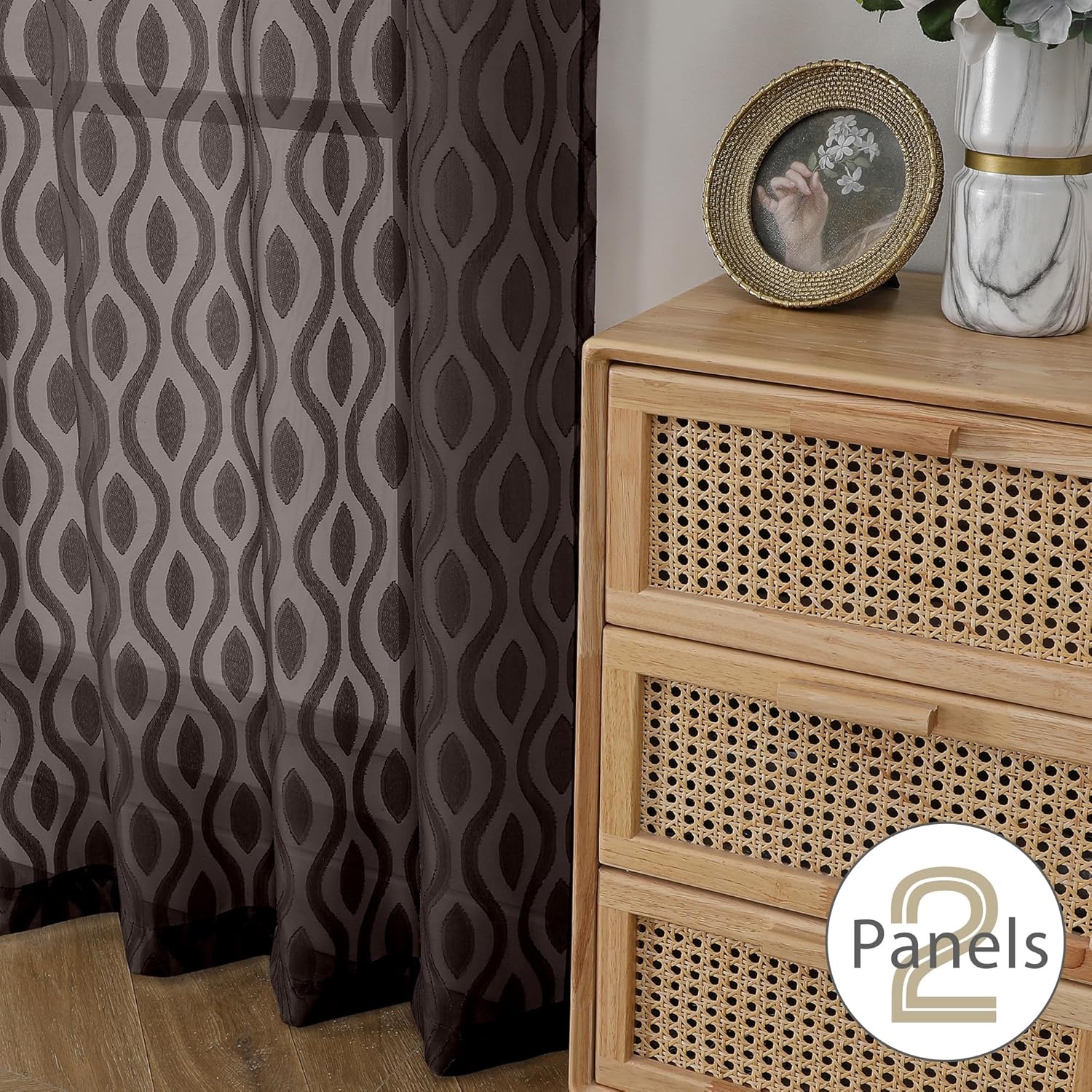 Aiyufeng Sheer Curtains 63 Inch Length 2 Panels Set, Solid Brown Light Filtering Voile Window Treatments for Bedroom Living Room, Modern Wavy Line Textured, 40" W X 63" L