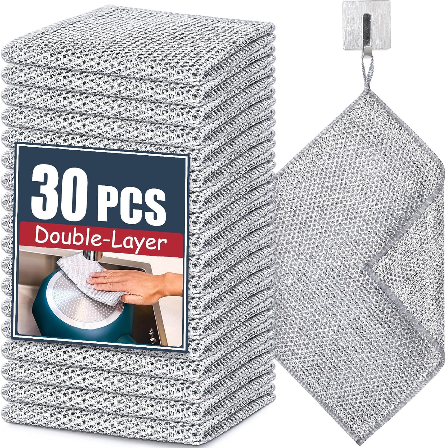 Navona 30 Pcs New Upgrade Steel Wire Dishcloth,Double-Layer Steel Wire Cleaning Cloth,Powerful Cleaning Non-Scratch Wire Dishcloth Rag for Cookware, Sinks, Dishes, Stove Tops