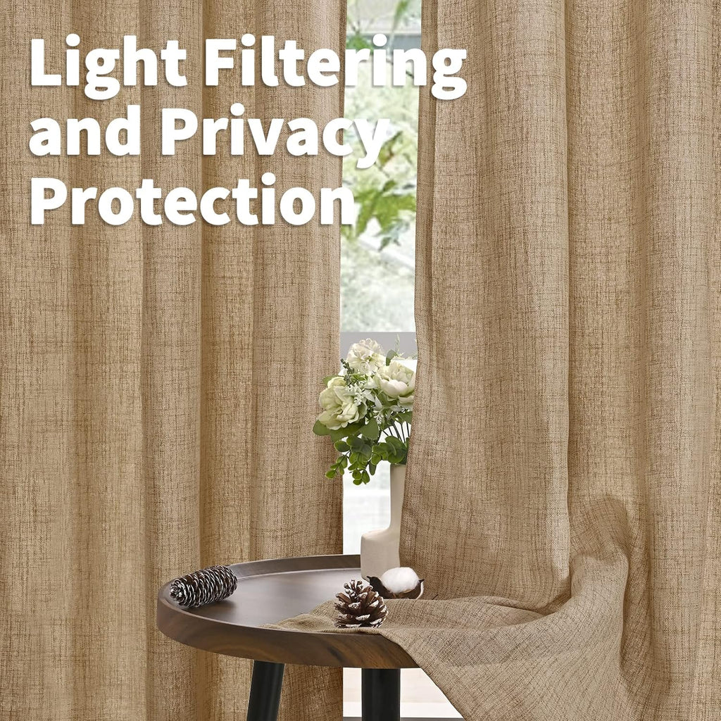 YoungsTex Burlap Linen Semi Sheer Curtains 72 Inch Length for Living Room, Semi Sheer Window Treatments Light Filtering with Rod Pocket Back Tab for Farmhouse Bedroom, Toffee, 2 Panel, 52 X 72 Inch