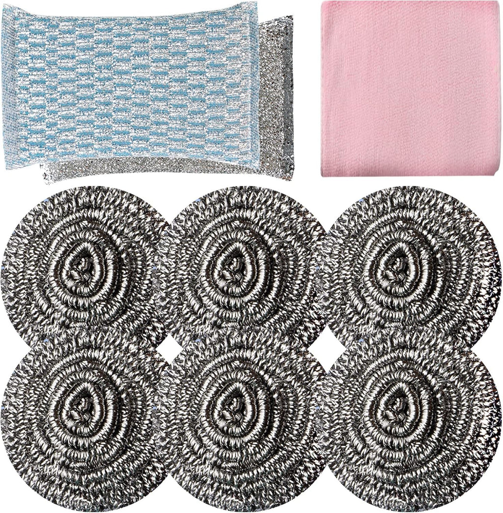6pcs Stainless Steel Scrubber 2pcs Heavy Duty Scrub Sponges 1pcs Dish Clean Towel for Kitchens Bathroom and More
