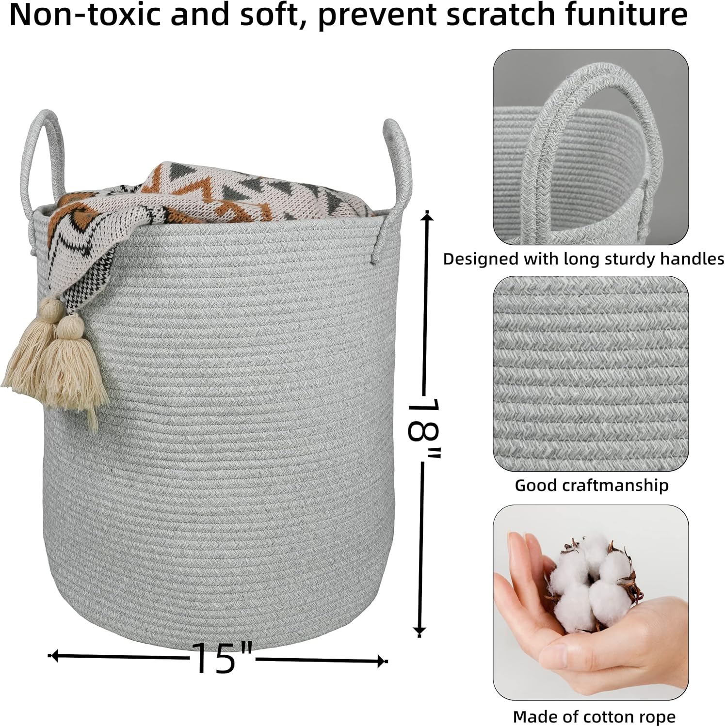 Cotton Rope Laundry Basket Hamper for Clothes Woven Storage Basket for Living Room Bedroom Boho Tall Rope Baskets for Blanket Toys Pillow Towels Baby Nursery Hamper Bin Large light grey