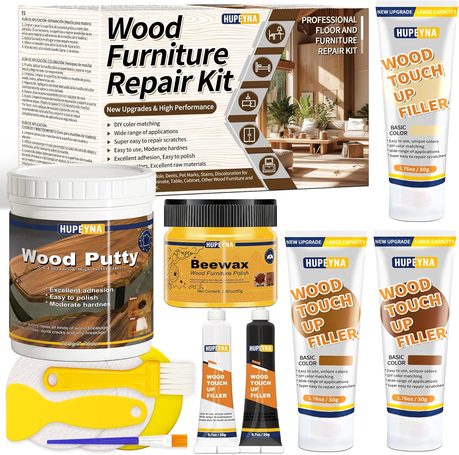 Wood Repair Kit, Wood Furniture Repair Kit, Wood Filler, Wood Putty and Beeswax- Repair Stains, Scratch, Cracks, Hole, Discoloration for Wooden Door, Table, Cabinet, Bed, Floor (Natural Wood Series)