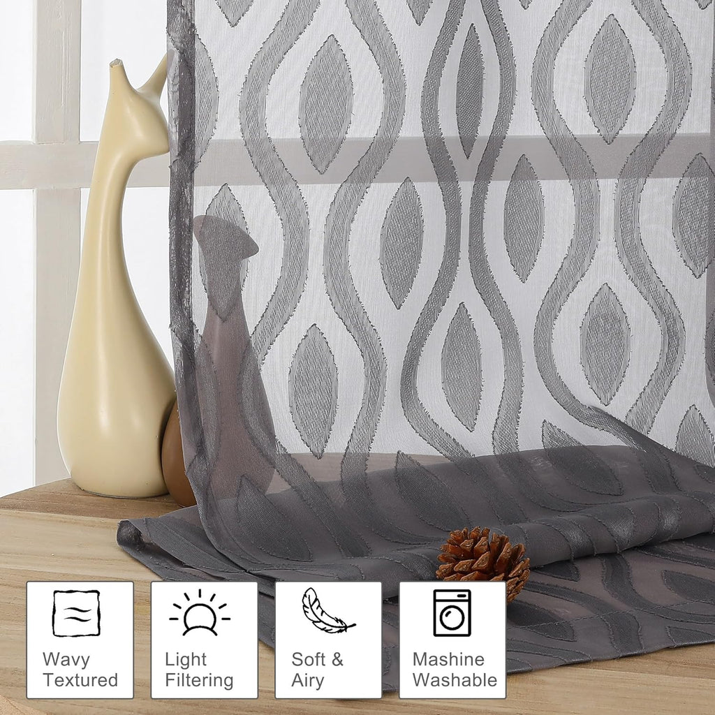 Aiyufeng Sheer Grey Curtains 54 Inch Length 2 Panels, Soft Lightweight Clip Jacquard Textured, Modern Wavy Line Voile for Bedroom Living Room, 40" W x 54" L
