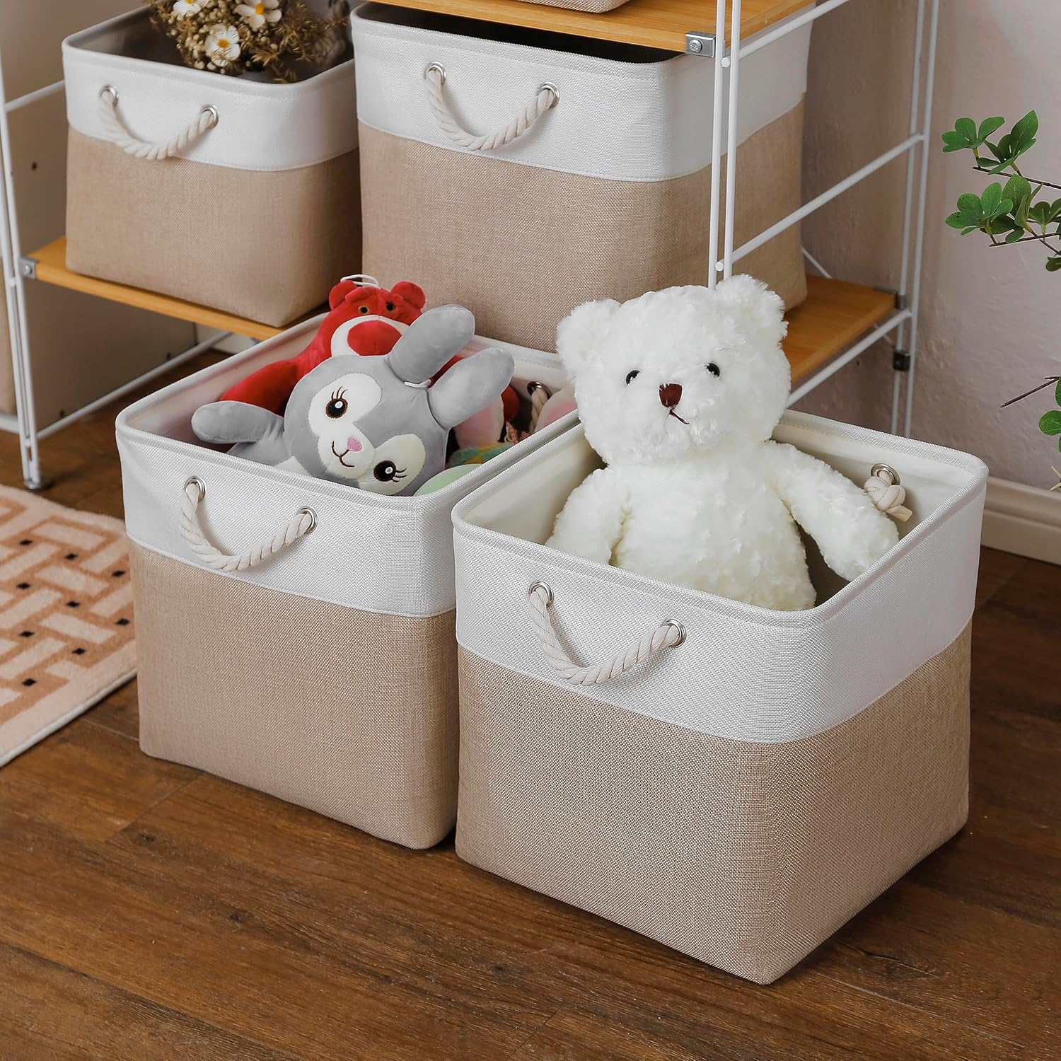 13 x 13 Inch Cube Storage Bins, 4 Pack Large Collapsible Fabric Storage Bin with Ropes, Foldable Storage Cubes for Home, Office,Closet, Clothes, Toys Organizer (White & Beige)