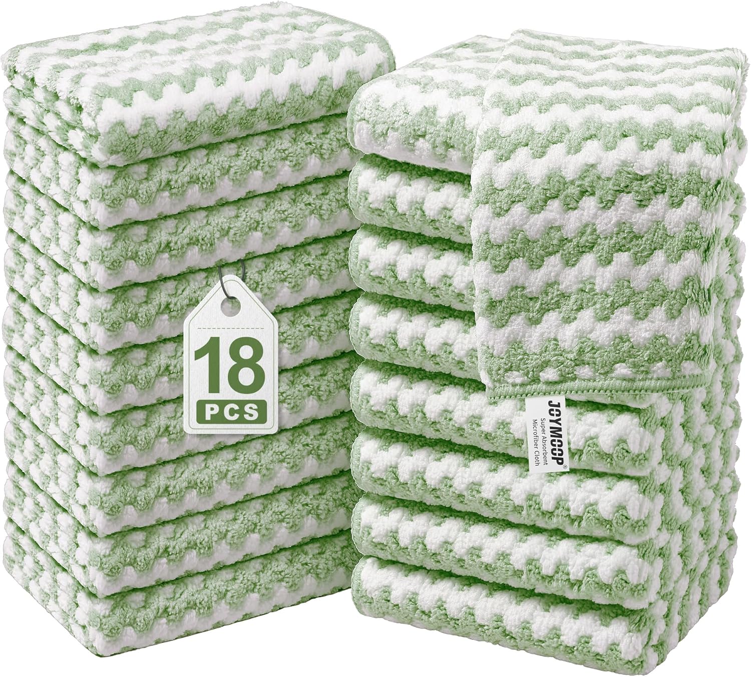 JOYMOOP Microfiber Cleaning Cloths – 18 Pack, 10" x 10", Green – Reusable, Lint-Free, Super Absorbent Towels for Kitchen, Car, and Household Cleaning