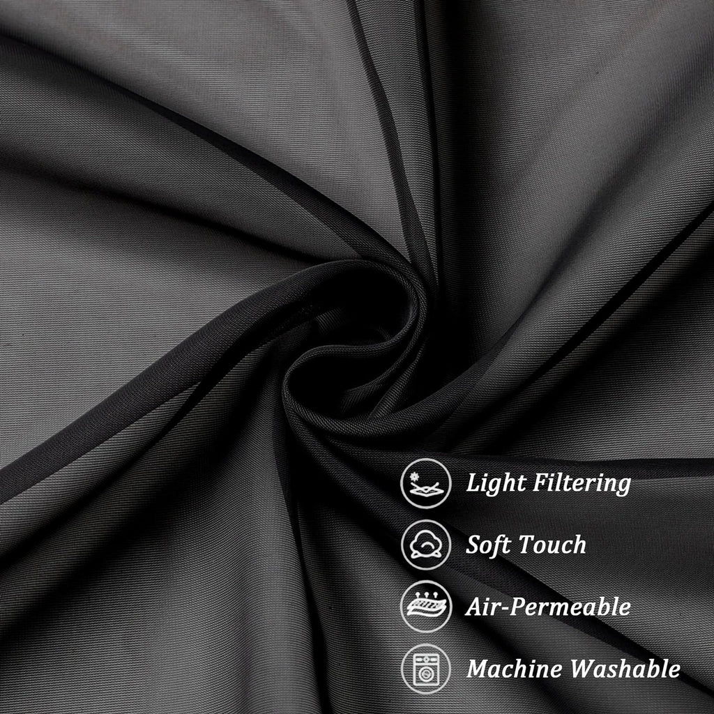 Chyhomenyc Black Sheer Window Curtain Panels 63 Inches Length, 2 Pieces, Voile Top Dual Rod Pockets Light Filtering Airy Trendy Drapes Window Treatment for Living Room/Bedroom, 42Wx63L