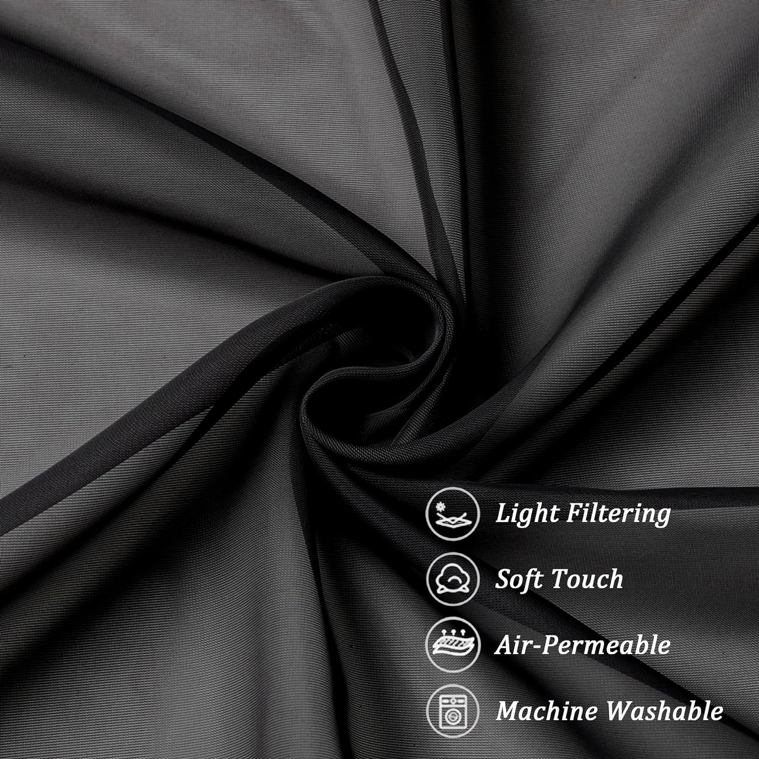 Chyhomenyc Black Sheer Window Curtain Panels 63 Inches Length, 2 Pieces, Voile Top Dual Rod Pockets Light Filtering Airy Trendy Drapes Window Treatment for Living Room/Bedroom, 42Wx63L