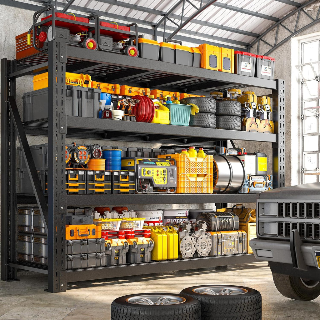 Bepatio 9400LBS Garage Shelving Heavy Duty 67.6W Storage Shelves Adjustable Metal Shelving 4 Tier Utility Shelf for Warehouse Basement Shop, Black 67.6''Wx23.7''Dx72''H, 2PCS