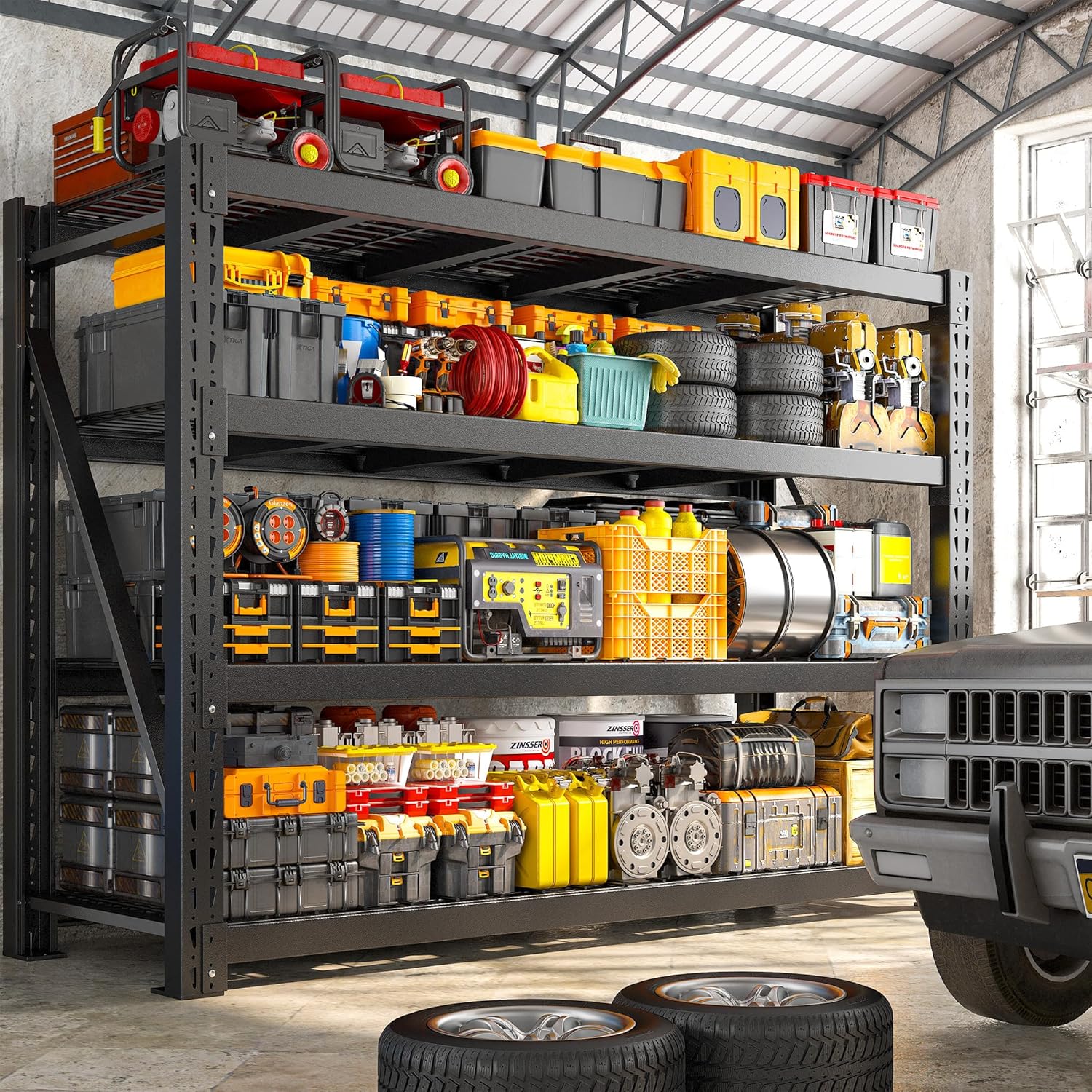 Bepatio 9400LBS Garage Shelving Heavy Duty 67.6W Storage Shelves Adjustable Metal Shelving 4 Tier Utility Shelf for Warehouse Basement Shop, Black 67.6''Wx23.7''Dx72''H, 2PCS