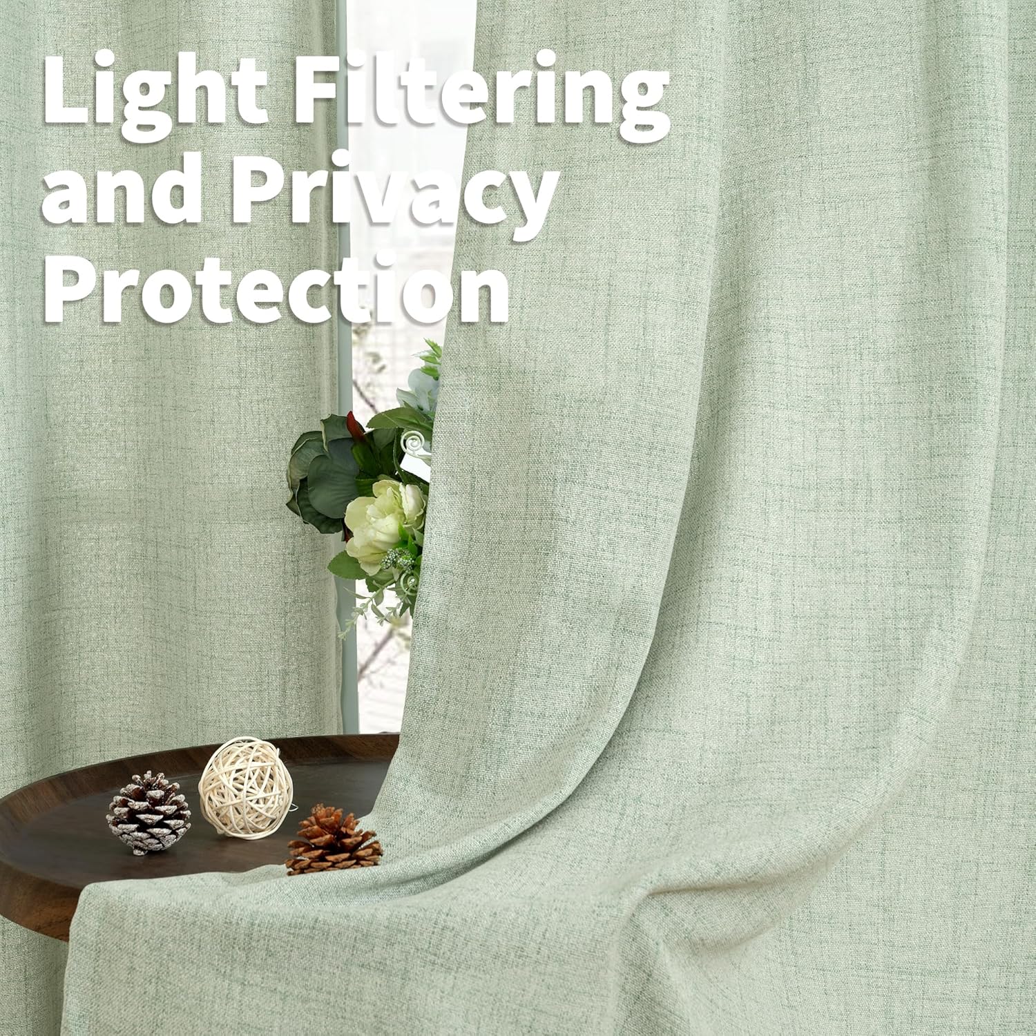 YoungsTex Sage Green Linen Semi Sheer Curtains 40 Inch Length for Kitchen Window, Short Drapes Light Filtering with Rod Pocket Back Tab for Cafe Bathroom, 2 Panels, 42 X 40 Inch