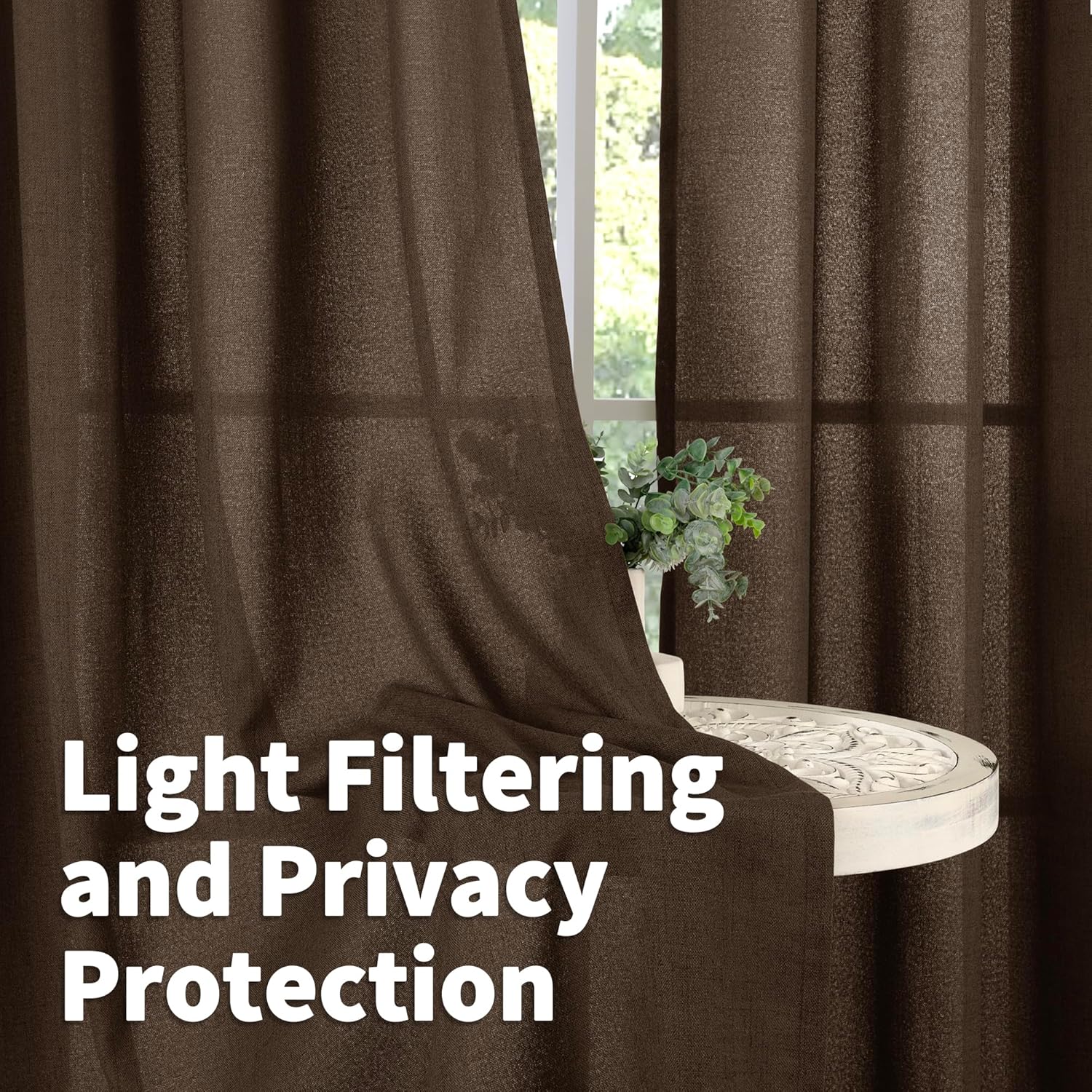 YoungsTex Brown Linen Curtains 84 Inch Length for Living Room, Chocolate Semi Sheer Drapes with Back Tab Rod Pocket Light Filteringfor Bedroom Dining Farmhouse, 2 Panel, 52 X 84 Inch