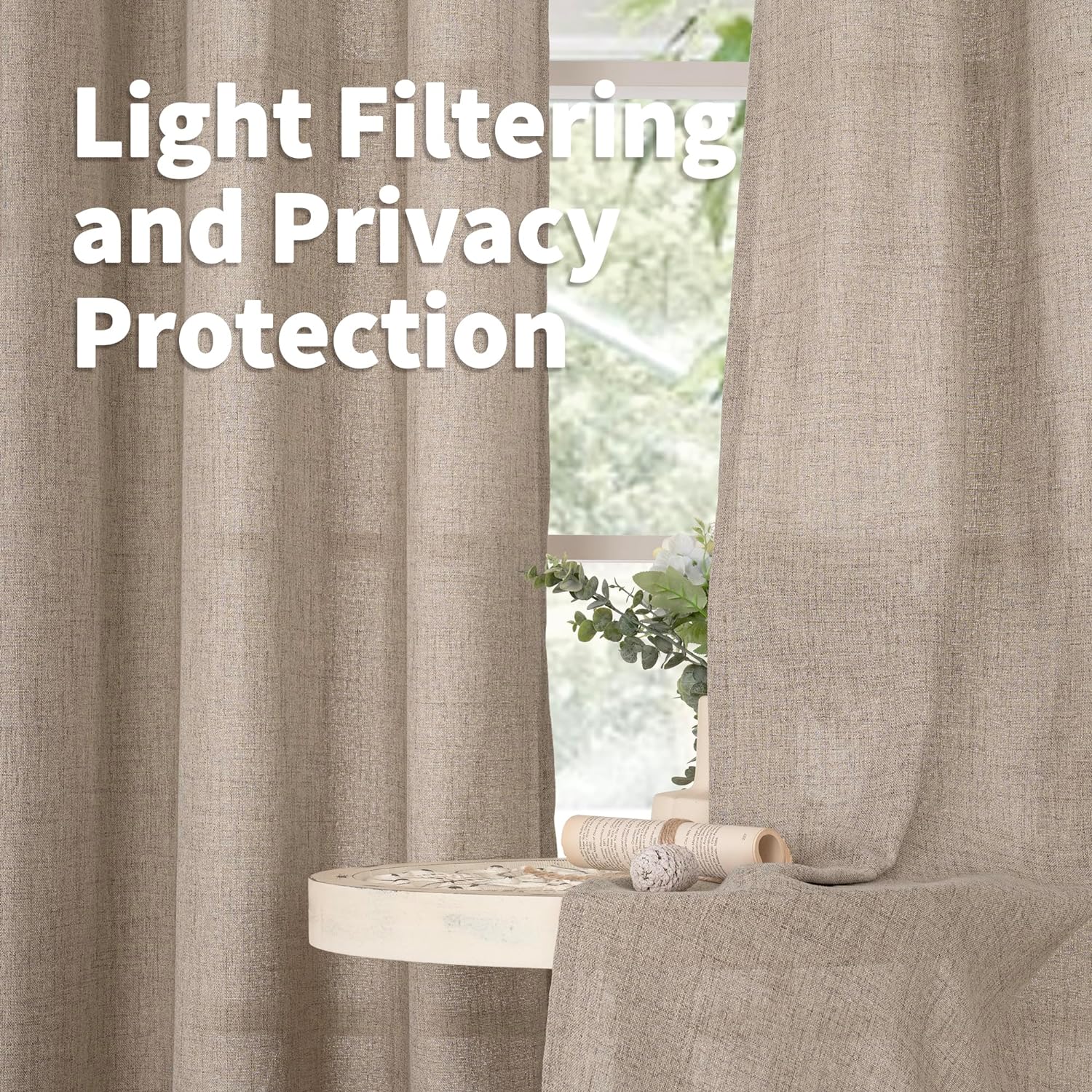 YoungsTex Dark Oatmeal Linen Curtains 45 Inch Length for Short Window, Tan Semi Sheer Drapes with Rod Pocket Back Tab Textured Light Filtering for Bathroom Bedroom, 2 Panels, 42 X 45 Inch