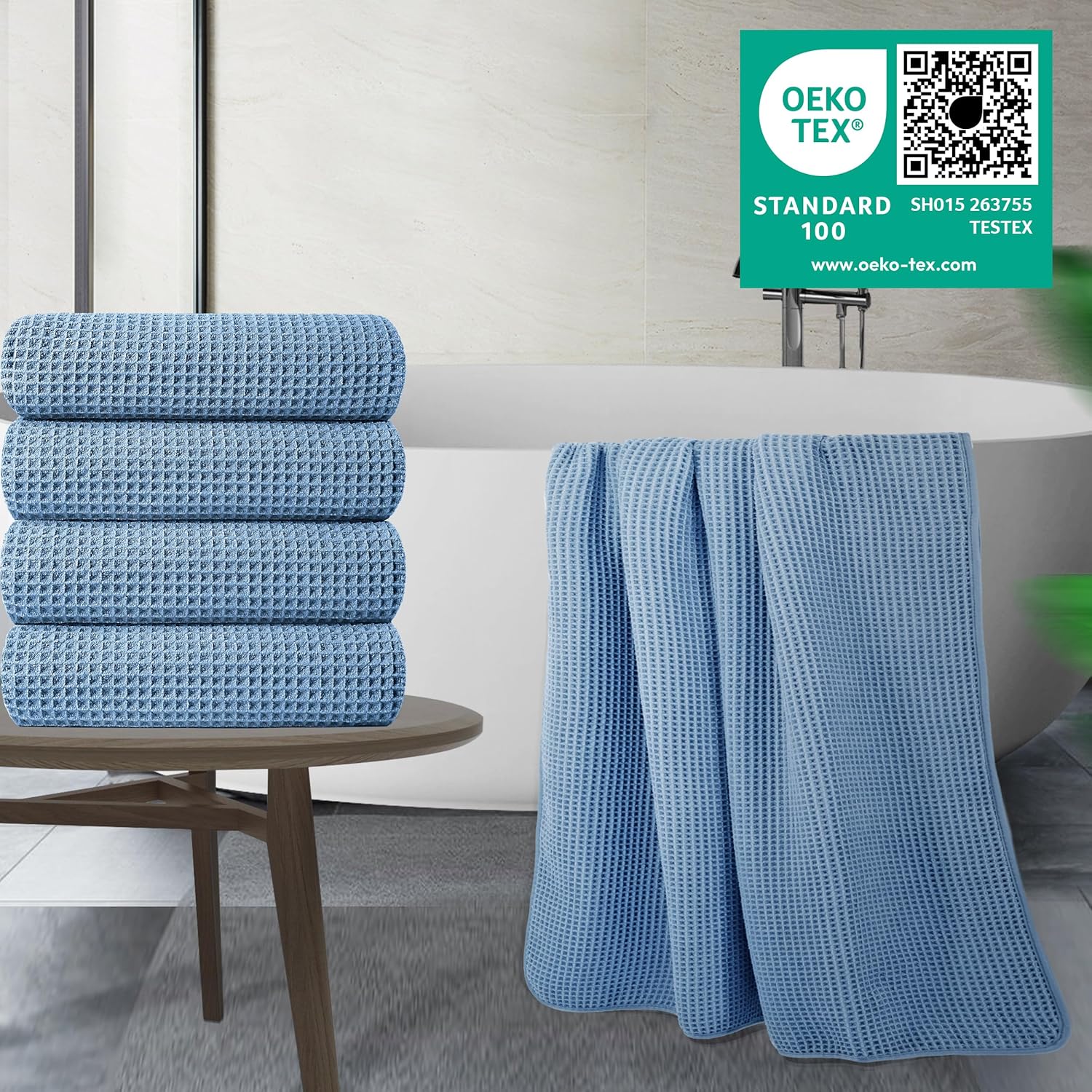 POLYTE Microfiber Oversize Quick Dry Lint Free Bath Towel, 60 x 30 in, 4 Pack (Waffle Weave)