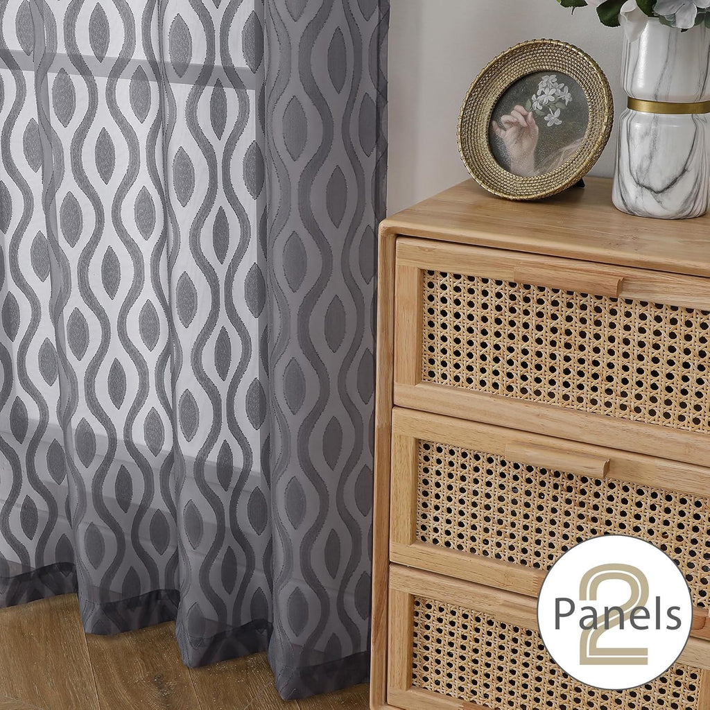 Aiyufeng Charcoal Grey Sheer Curtains 84 Inches Long 2 Panels, Solid Airy Light Filtering Window Treatments for Bedroom Living Room, Modern Wavy Line Rod Pocket Curtains, Total 80 inches Width