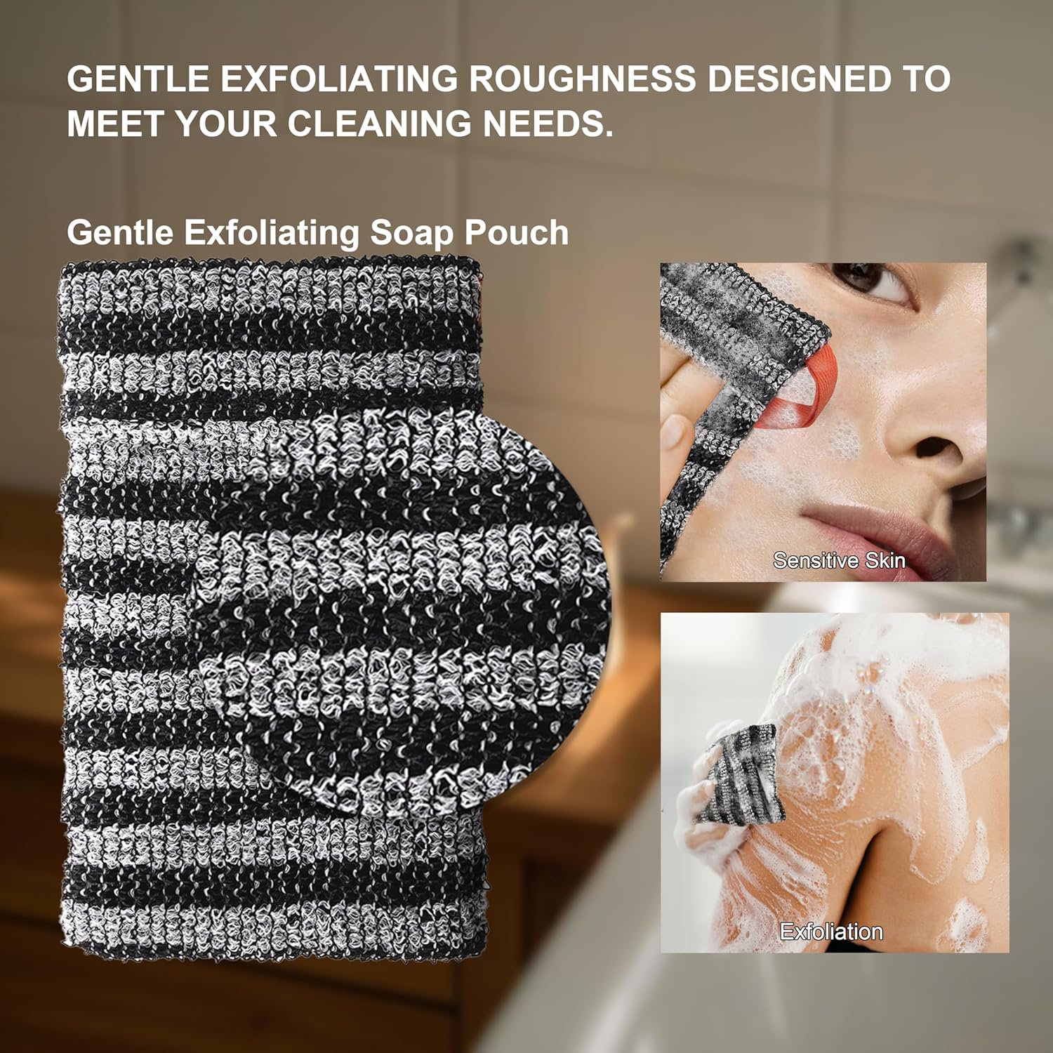 2 Pack Soap Bag Gentle Roughness,Bar Soap Pouch Saver Pocket,Exfoliating Body Scrubber Shower Bath Sponge Loofah (Grey)