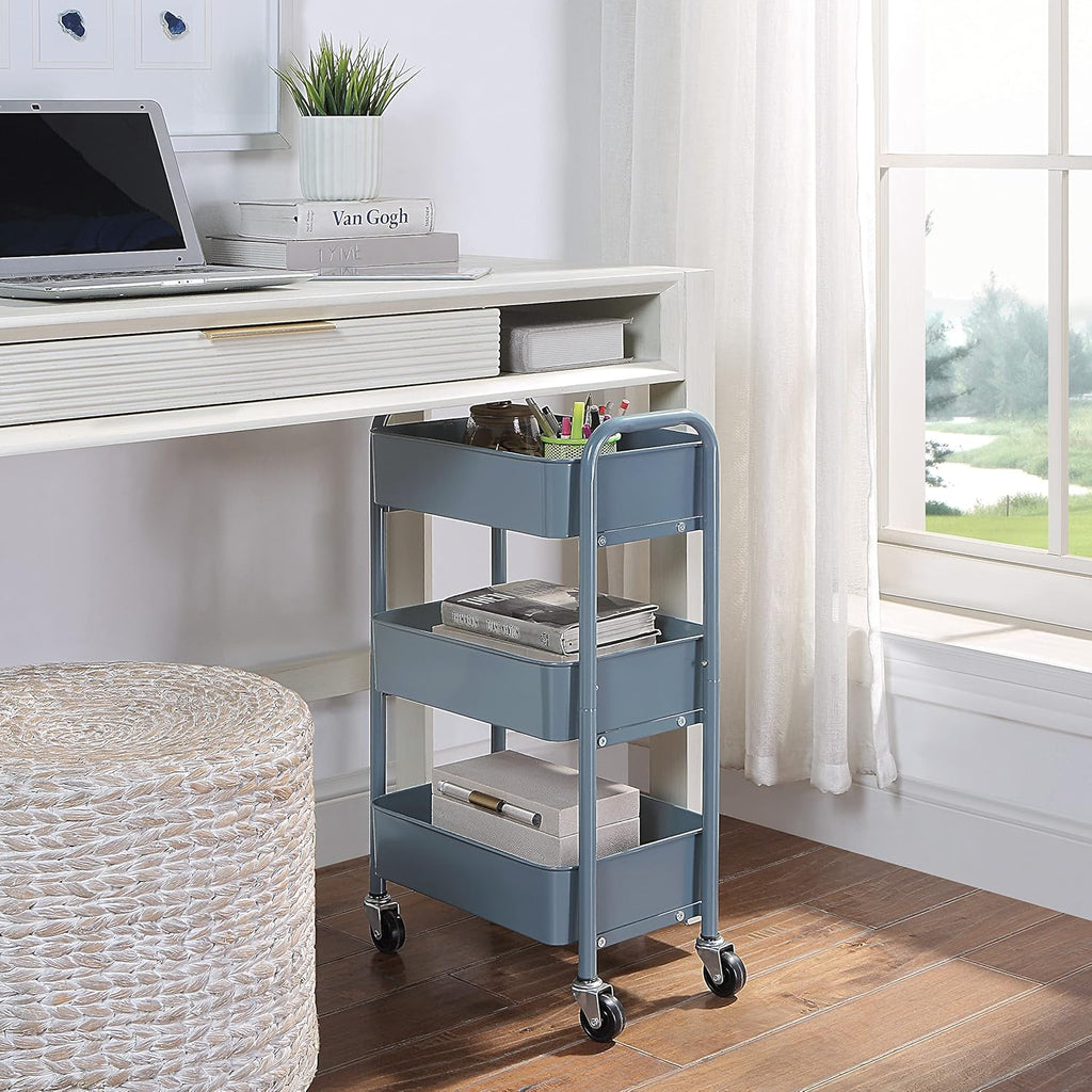 SunnyPoint 3-Tier Delicate Compact Rolling Metal Storage Organizer - Mobile Utility Cart Kitchen/Under Desk Cart with Caster Wheels - Blue (15.35" X 10.24" X 26.8"H)