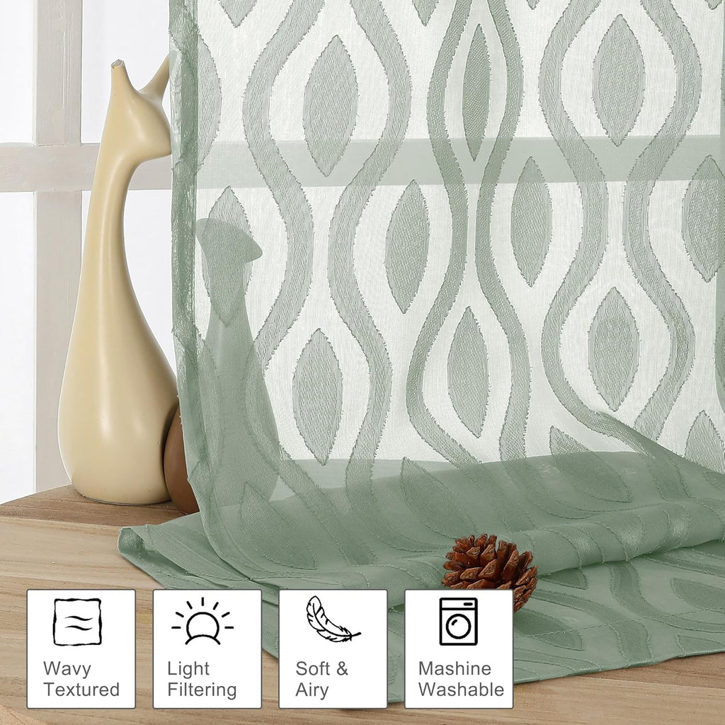 Aiyufeng Green Sheer Curtains Tiers 36 Inch Length 2 Panels Set, Airy Lightweight Clip Jacquard Short Kitchen Window Curtains, Modern Wavy Line Textured Voile Sheer Curtain Panles, 40" Wx36 L Inches
