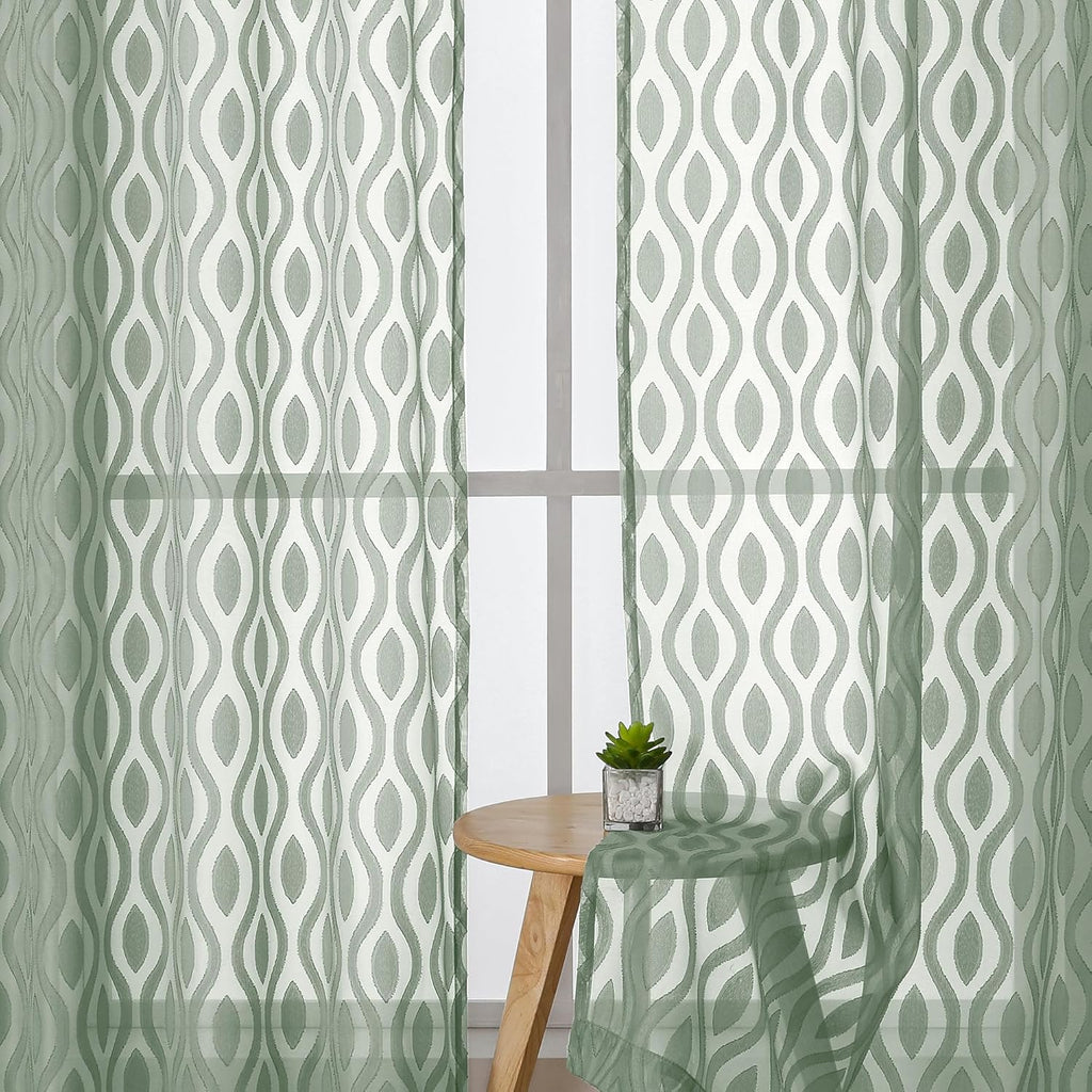Aiyufeng Green Sheer Curtains 72 Inches Long 2 Panels Set, Lightweight Clip Jacquard Textured Sheer Privacy Curtains for Bedroom Living Room, Classic Wavy Line Design Door Curtains, 40" Wx72 L Inches