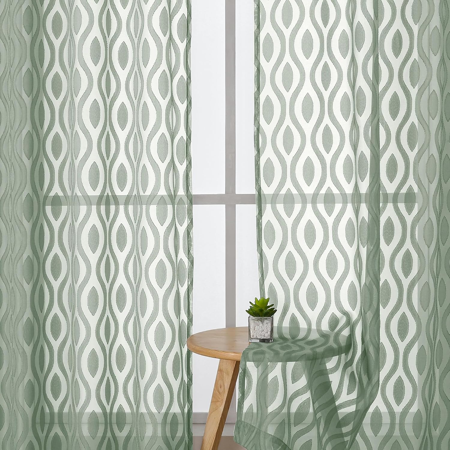 Aiyufeng Sheer Green Curtains 84 Inches Long 2 Panels, Modern Airy Light Filtering Wavy Line Clip Jacquard Window Treatments for Bedroom Living Room, Rod Pocket Curtain Drapes, Total 80 inches Width