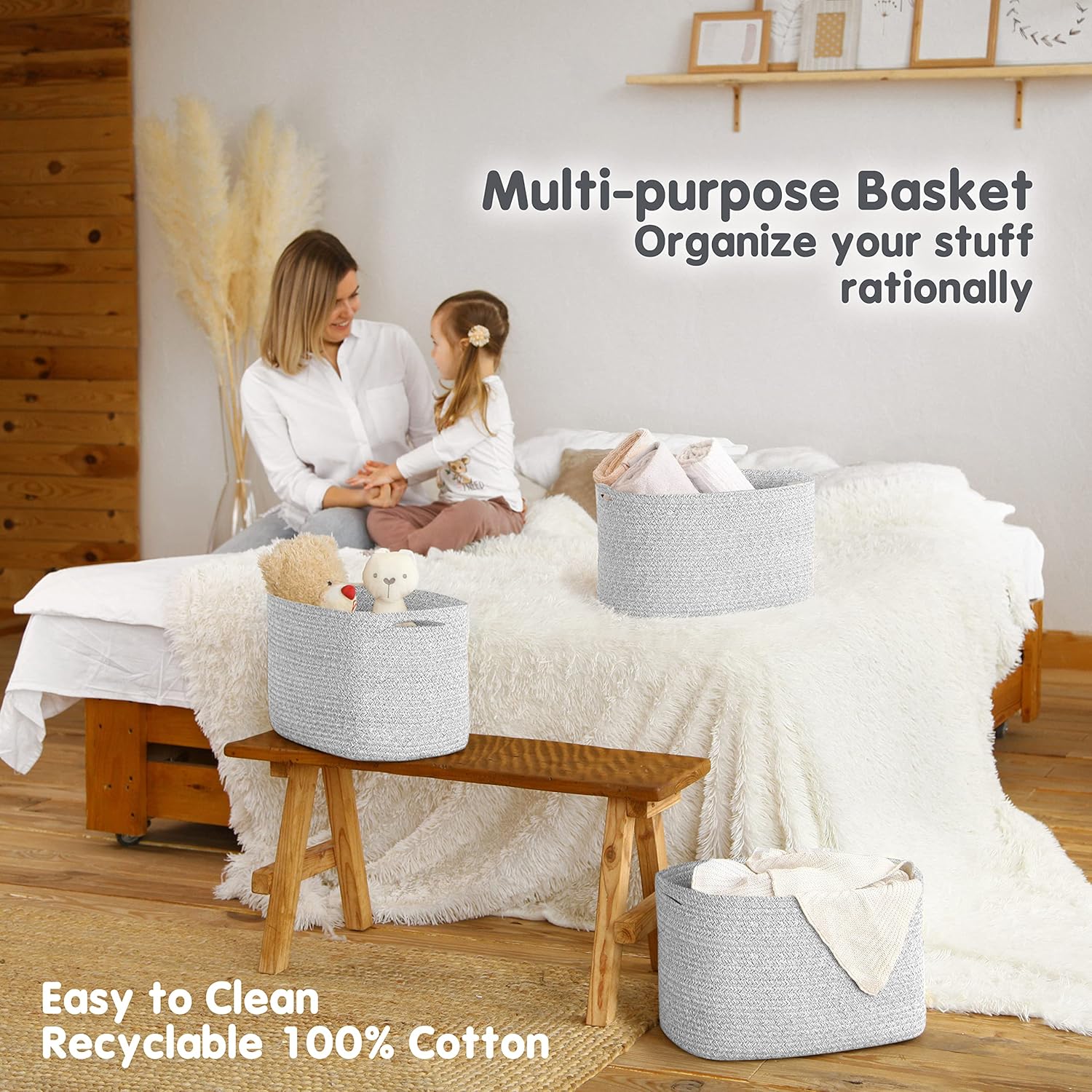 CHAT BLANC Cotton Rope Baskets for Organizing | Storage Baskets for Shelves | Rope Basket for Storage, Small Laundry Baskets, Woven Baskets for Storage, Dog Toy Bin, Baby Basket, Gray 3 Pack