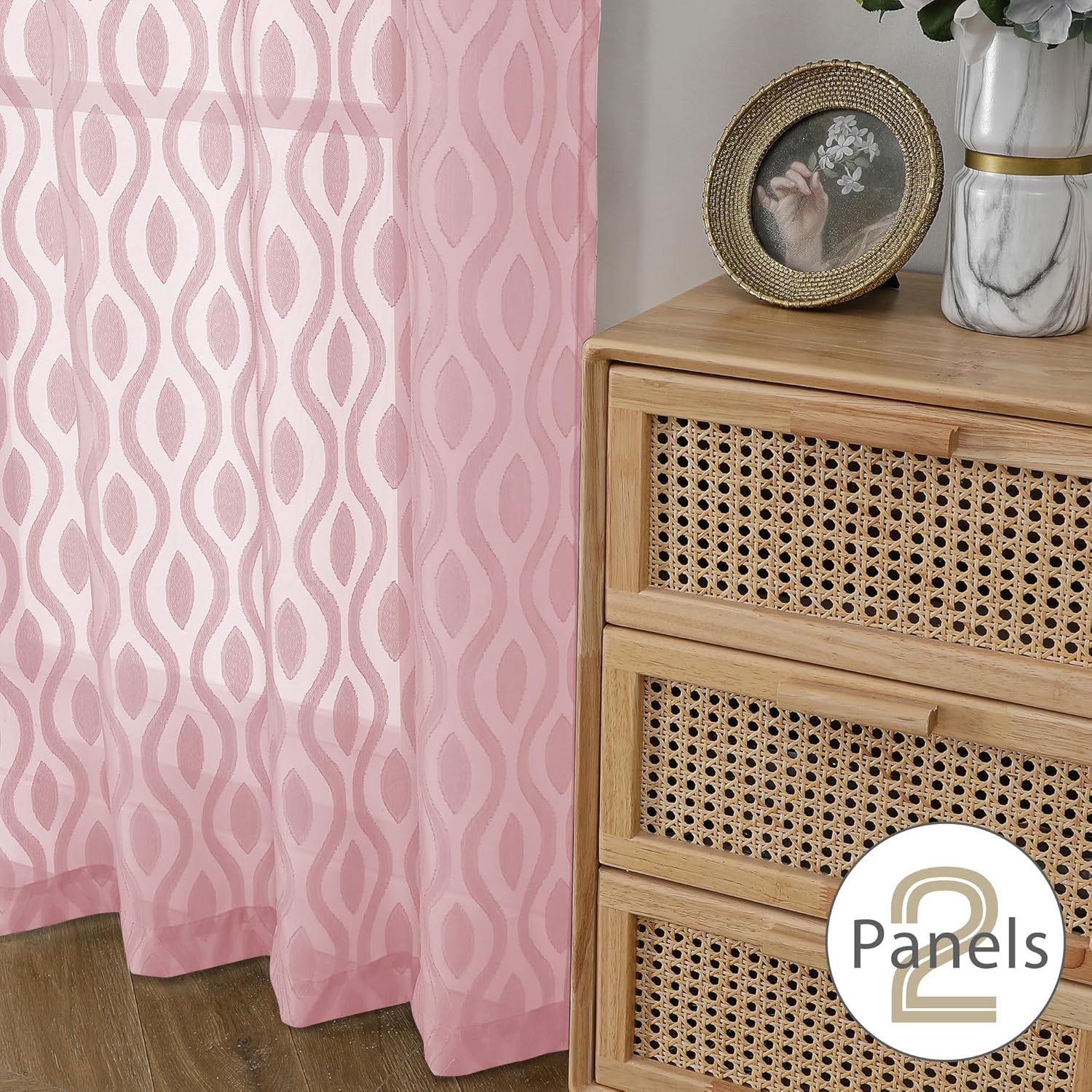 Aiyufeng Sheer Pink Curtain 45 Inch Length 2 Panels Set, Farmhouse Clip Jacquard Textured Short Window Curtains, Lightweight Chic Wavy Line See Through Curtains for Bedroom, 40" Wx45 L Inches