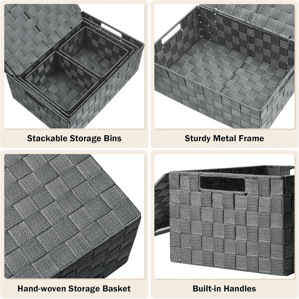 Storage Bins with Lids, Woven Storage Box Organizer Containers Decorative Baskets Cube for Clothes Bedroom Closet Office (5 Pack, Grey)