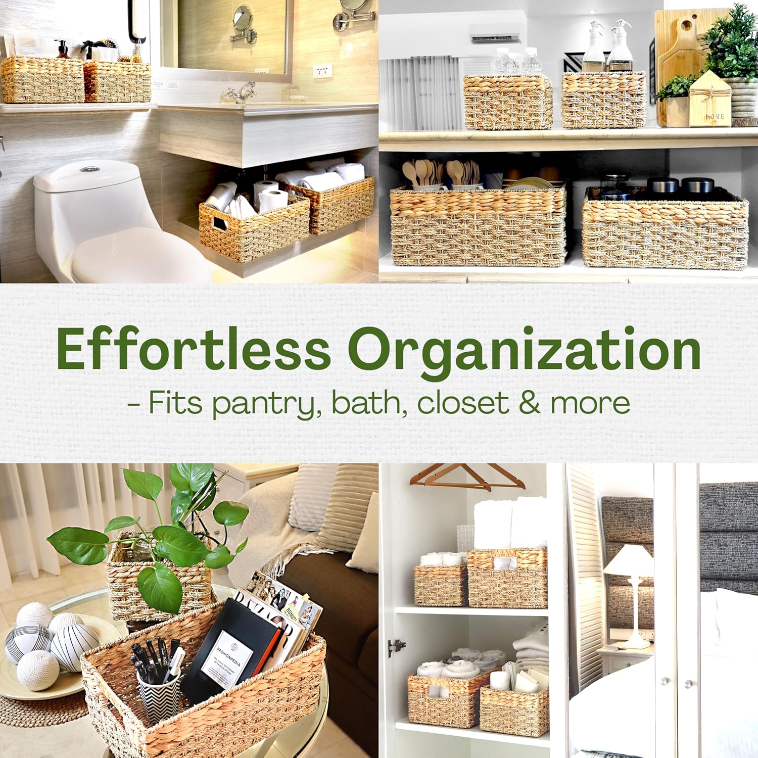 Seagrass and Hyacinth Nesting Wicker Basket, Multi-Size, 4 pack, Natural Woven Storage Baskets for Organizing Living Room, Shelves, Pantry