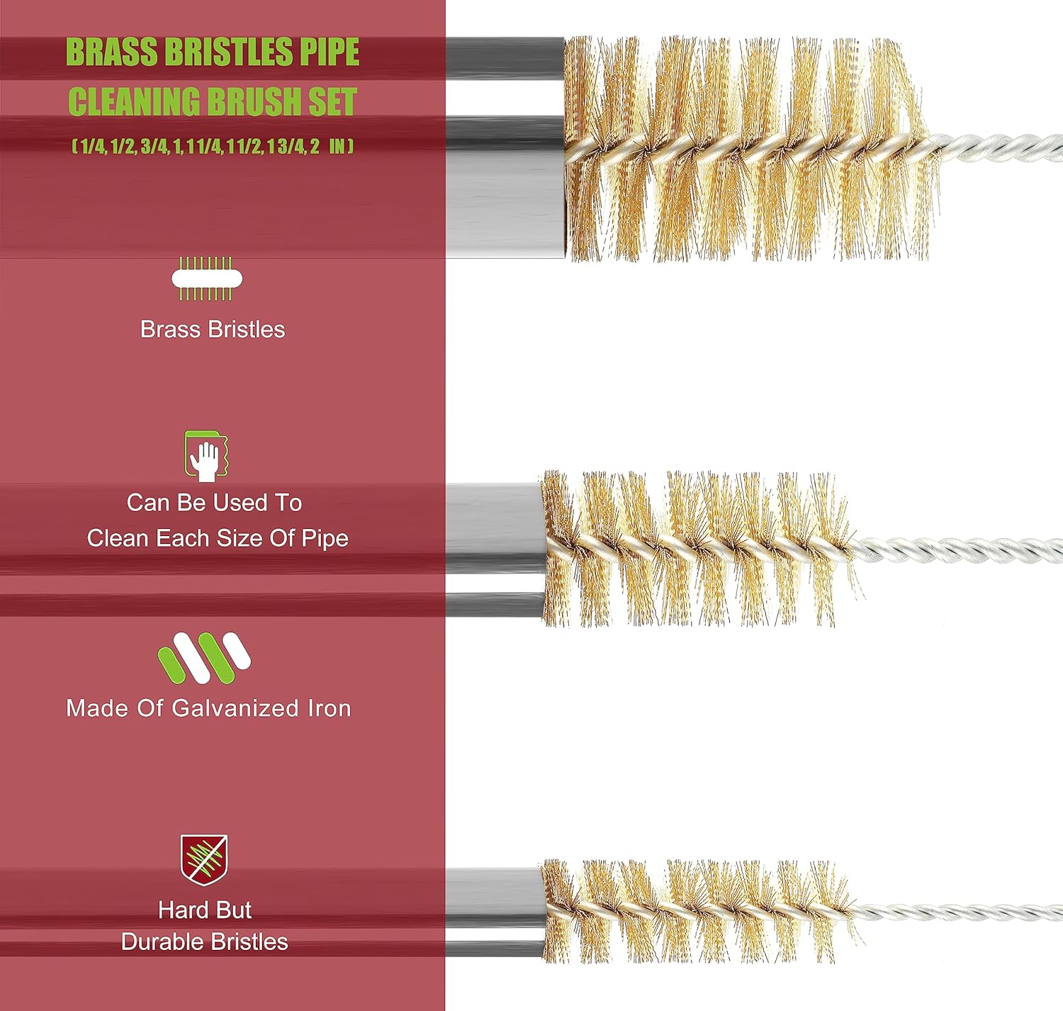 16 Inch Extra Long Pipe Cleaning Brush Set with Brass Bristles, 8 Piece Variety Pack for Auto Parts, Bottles,Tubes, Etc.