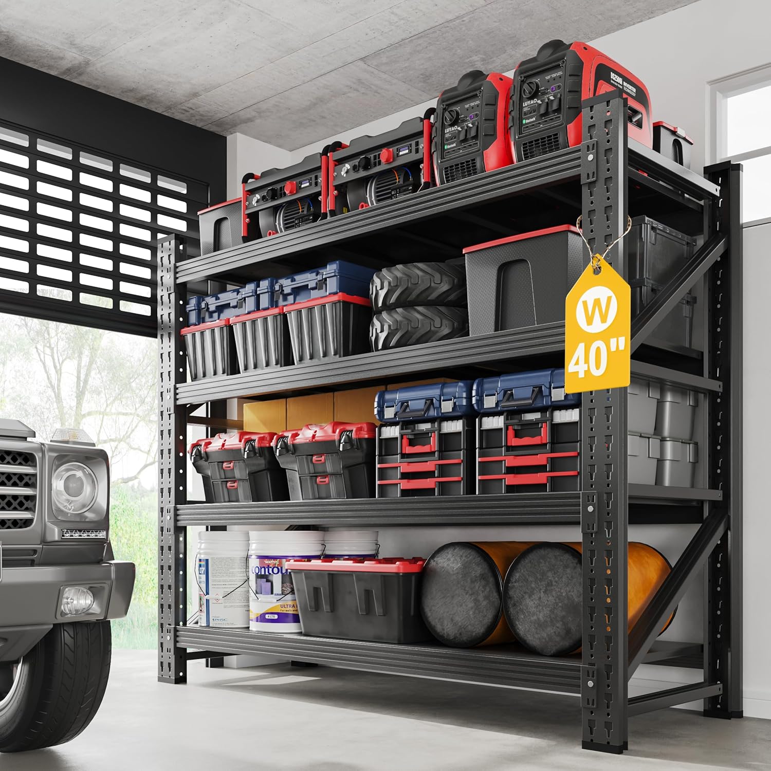 3000LBS Metal Steel Storage Shelves - 40" W Black 4 Tier Heavy Duty Rack Commercial Industrial Shelving with Adjustable Shelf for Basement Garage Warehouse - 40" W x 19.5" D x 59.5" H