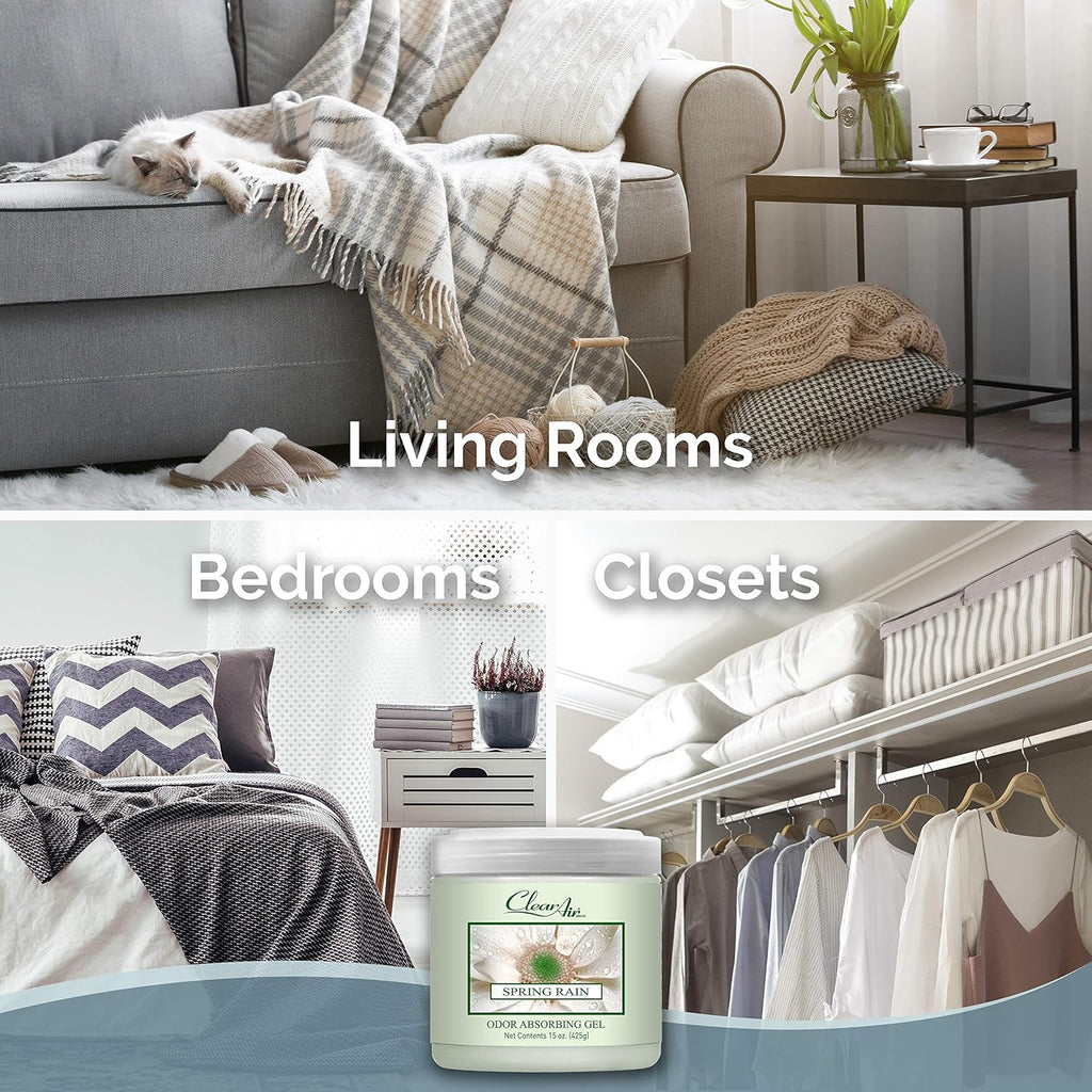 Clear Air Odor Absorber Gel - 15 oz, Pack of 2 - Air Freshener Absorbs and Eliminates Odors in Bathrooms, Cars, Boats, RVs and Pet Areas - Made with Essential Oils - Spring Rain Scent