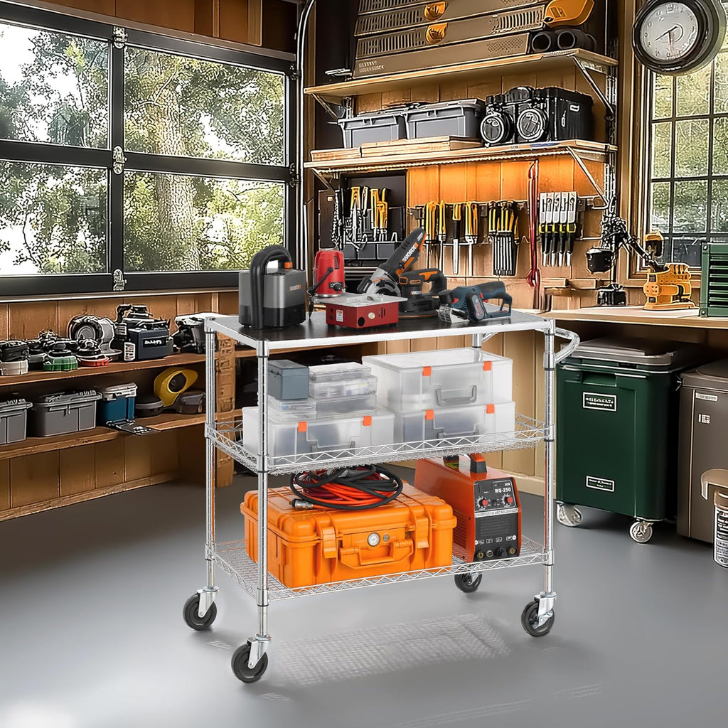 Finnhomy 3 Tier Heavy Duty Commercial Grade Utility Cart with Wood Top, Wire Rolling Cart with Wheels and Handle Bar, Kitchen Carts on Wheels, 18x36x35.4 H Metal Cart with 600 LBS Capacity, Chrome
