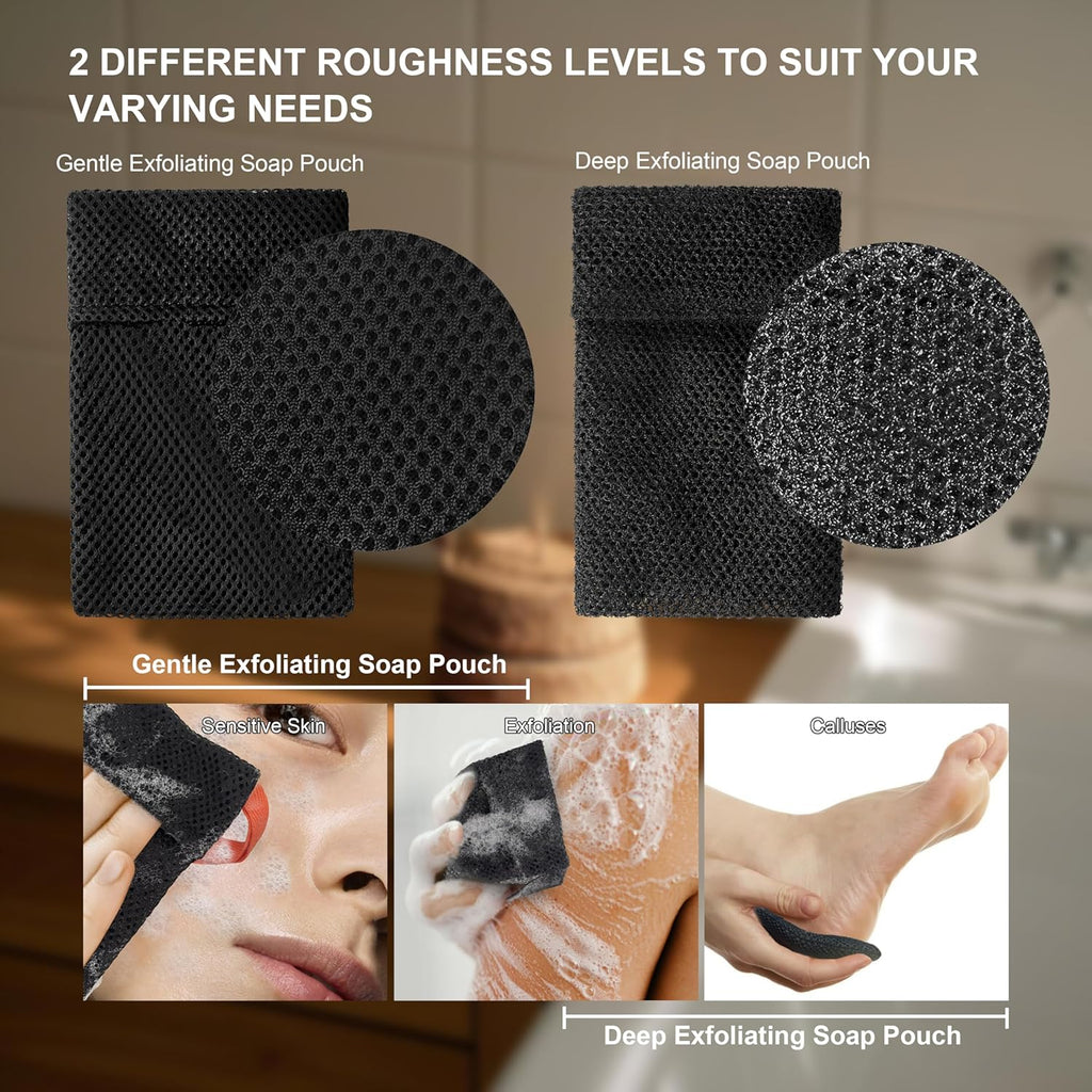 2 Pack Soap Bag Different Roughness Deep and Gentle,Bar Soap Pouch Saver Pocket,Body Scrubber Shower Sponge Loofah,Exfoliating Bath Sponge (Black)