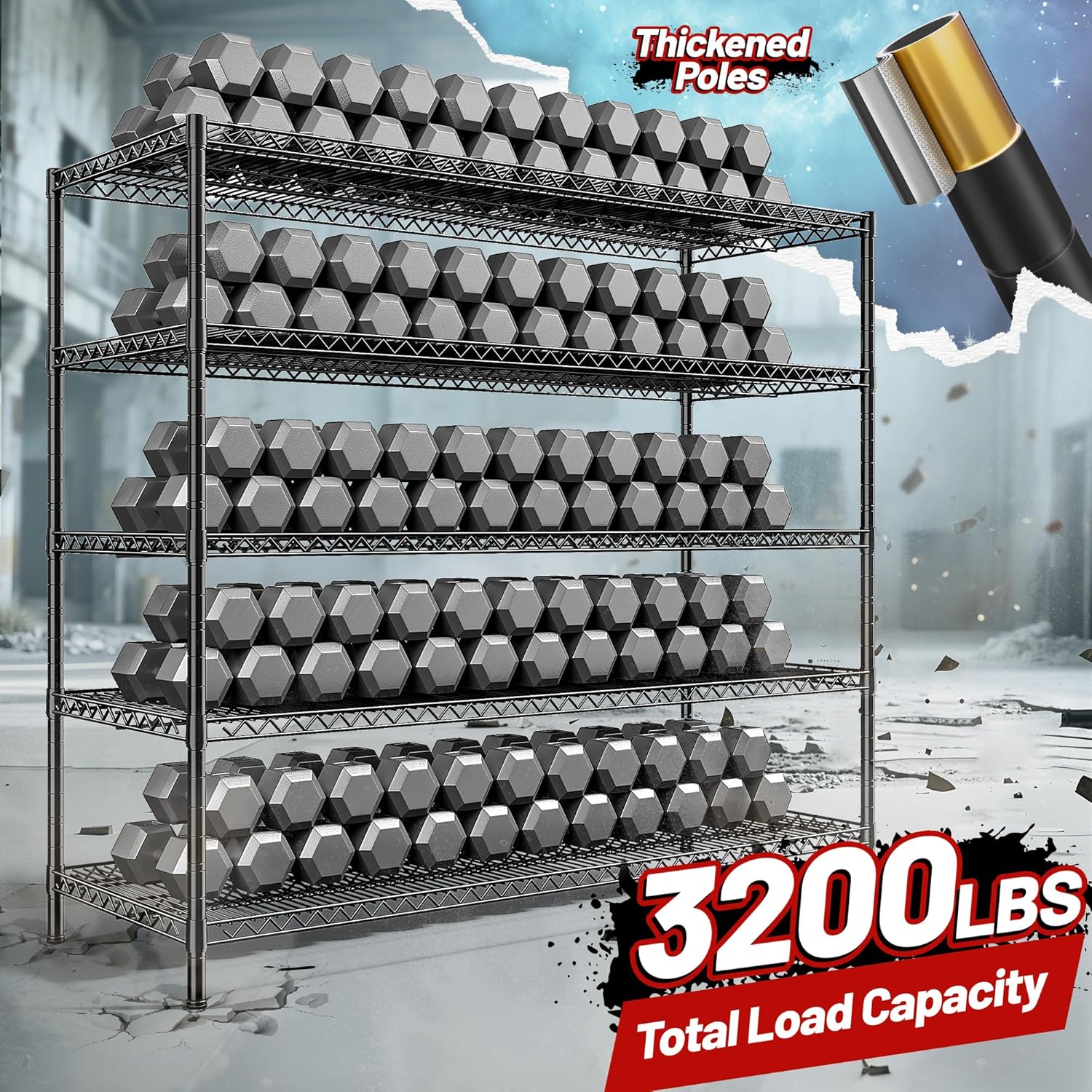 REIBII 55.5" W Storage Shelves 3200LBS Wire Shelving Unit 5 Tier Metal Shelving Garage Shelving 2PCS Heavy Duty Metal Shelves for Storage Rack Commercial Adjustable Pantry Shelf